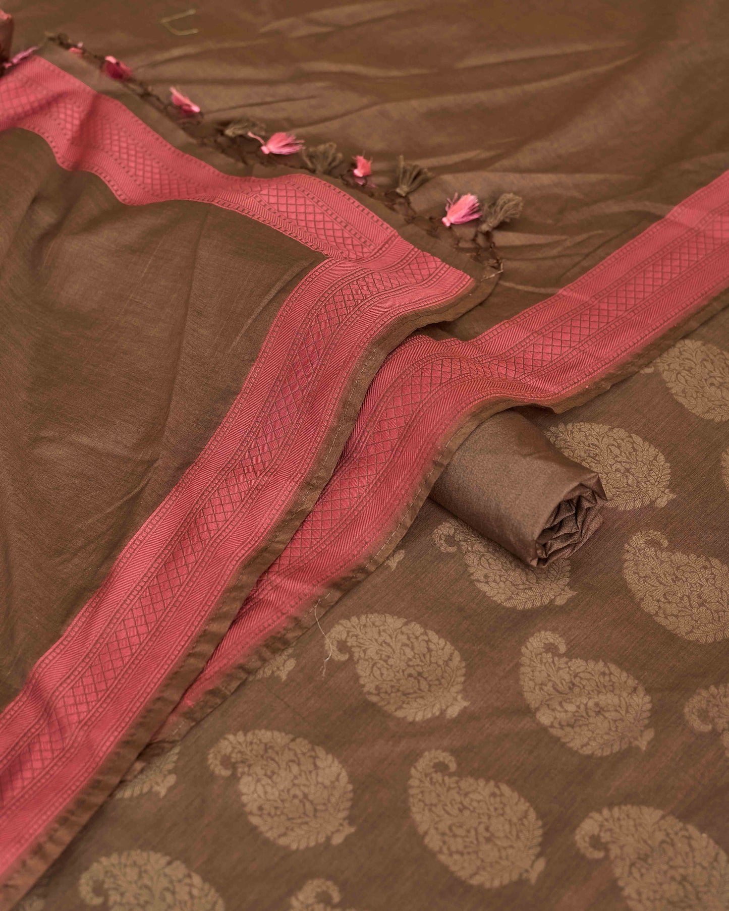Brown cotton self woven kurta, plain dupatta with pink border, plain bottom