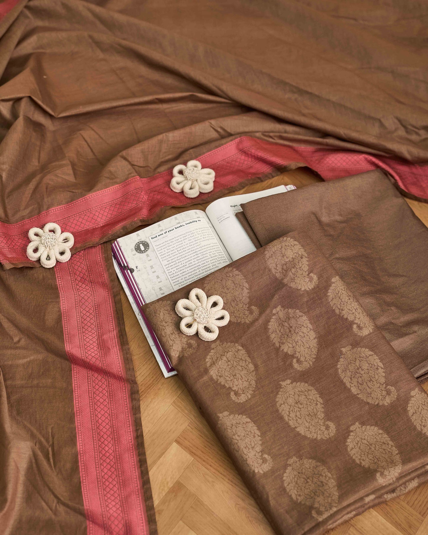 Brown cotton self woven kurta, plain dupatta with pink border, plain bottom