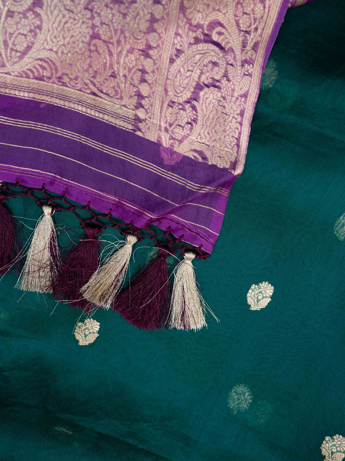 Purple Chiniya silk kurta with green shaded dupatta