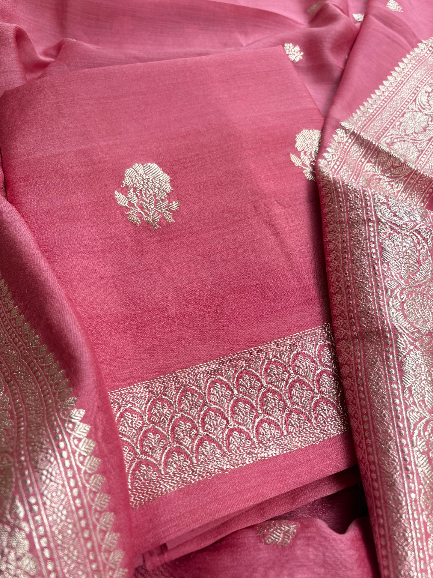Peach moonga silk silver zari suit set