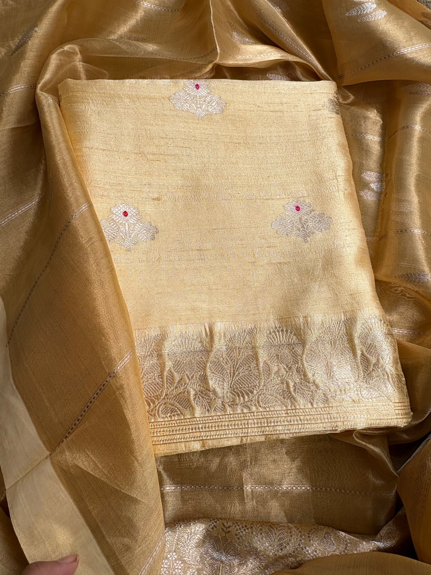 Yellow raw silk kurta, bottom and tissue kadhwa dupatta