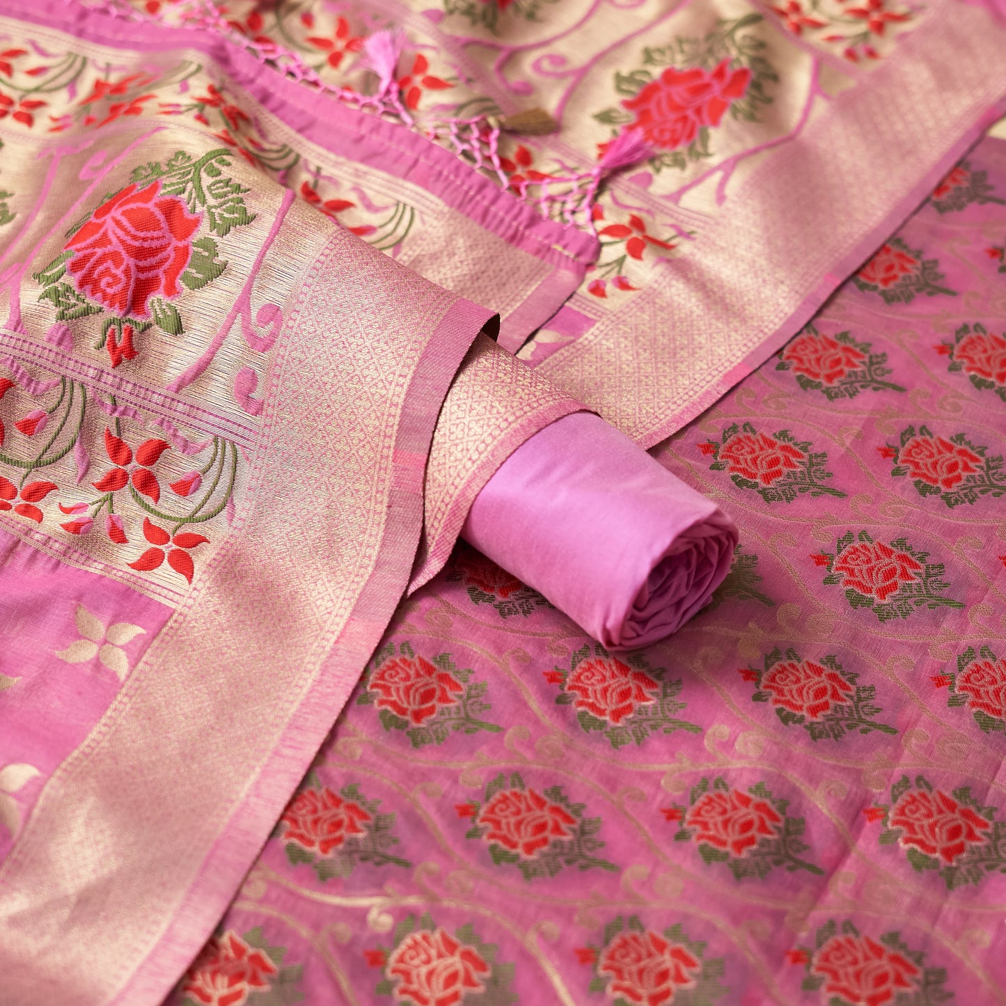 Pink Meenadar cotton 3 piece set