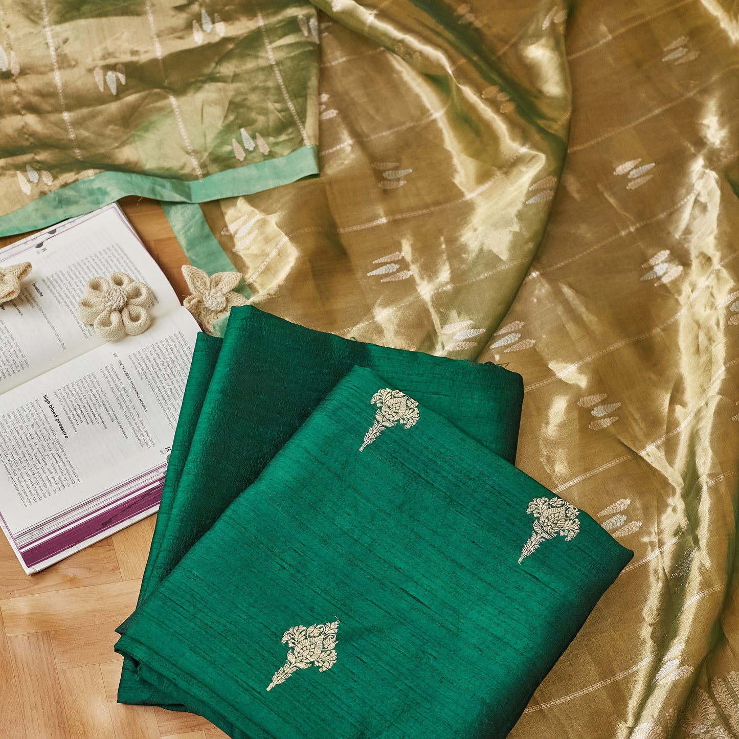 Green raw silk kurta, raw silk bottom , tissue kadhwa dupatta