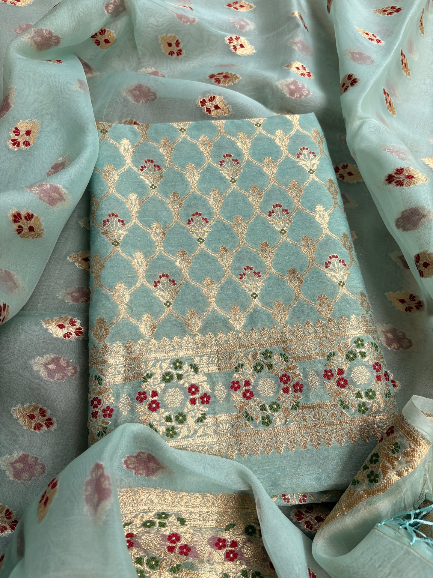 Blue moonga silk kurta, kora silk kadhwa dupatta , plain bottom