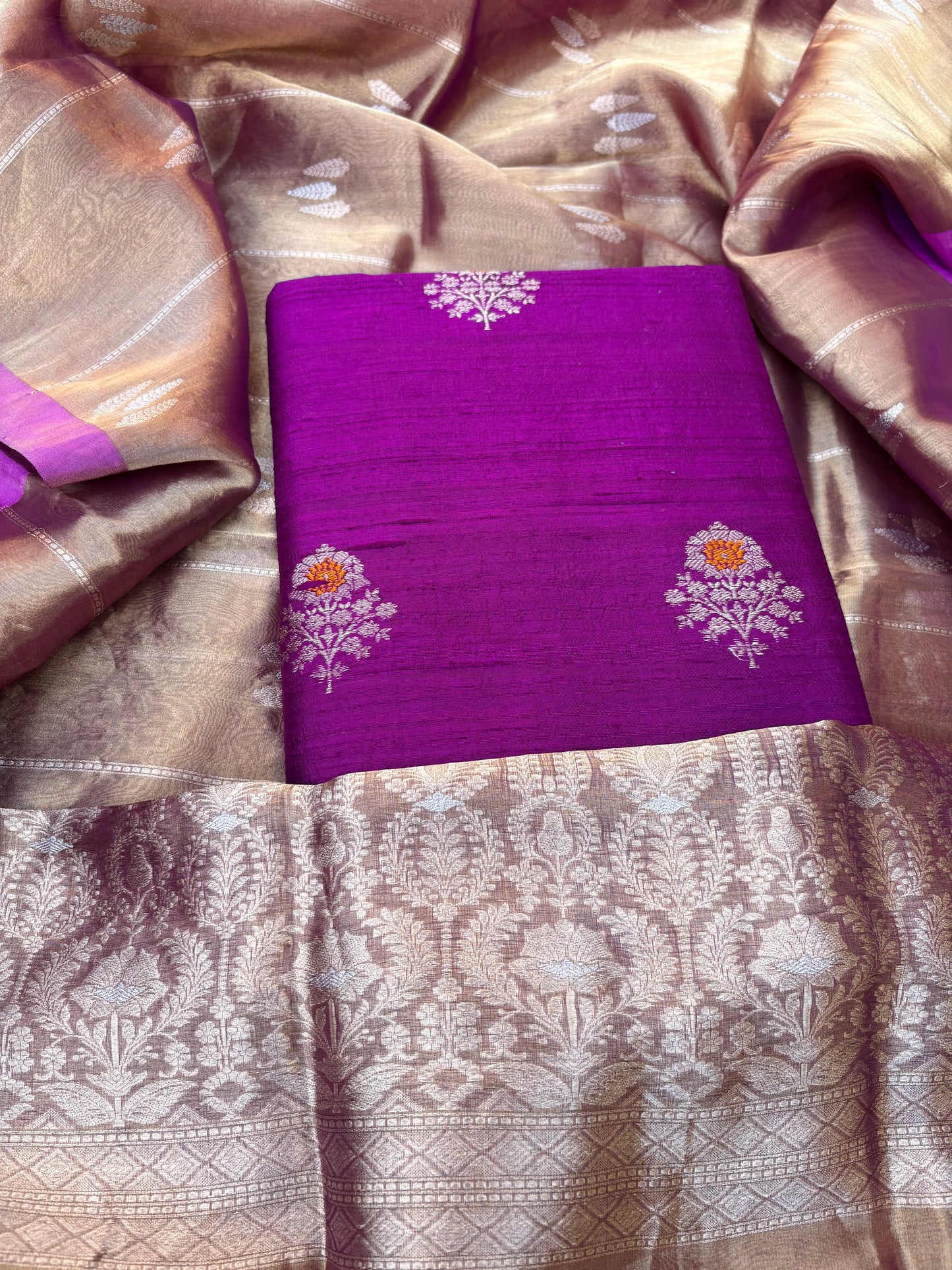 Purple raw silk kurta,bottom, kadhwa tissue dupatta