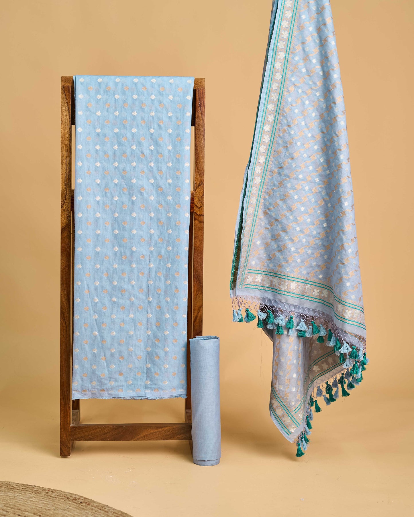 Blue jamdani weaving chanderi 3 piece suit set