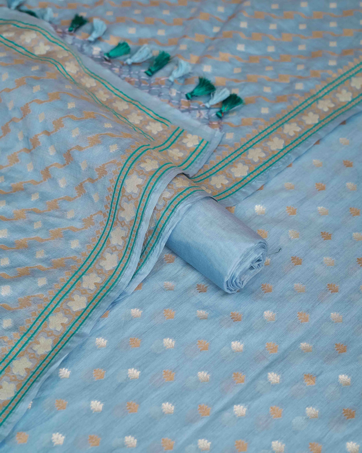 Blue jamdani weaving chanderi 3 piece suit set