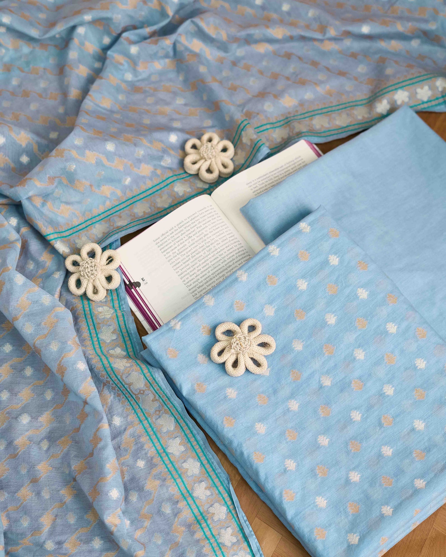 Blue jamdani weaving chanderi 3 piece suit set
