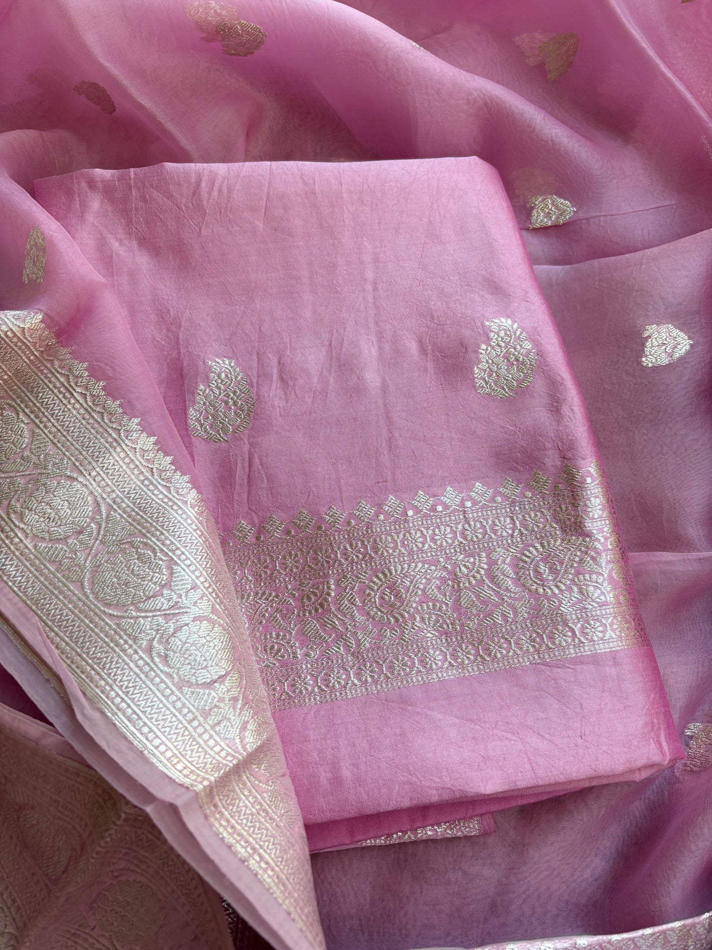 Pink Chiniya kora silver zari suit set