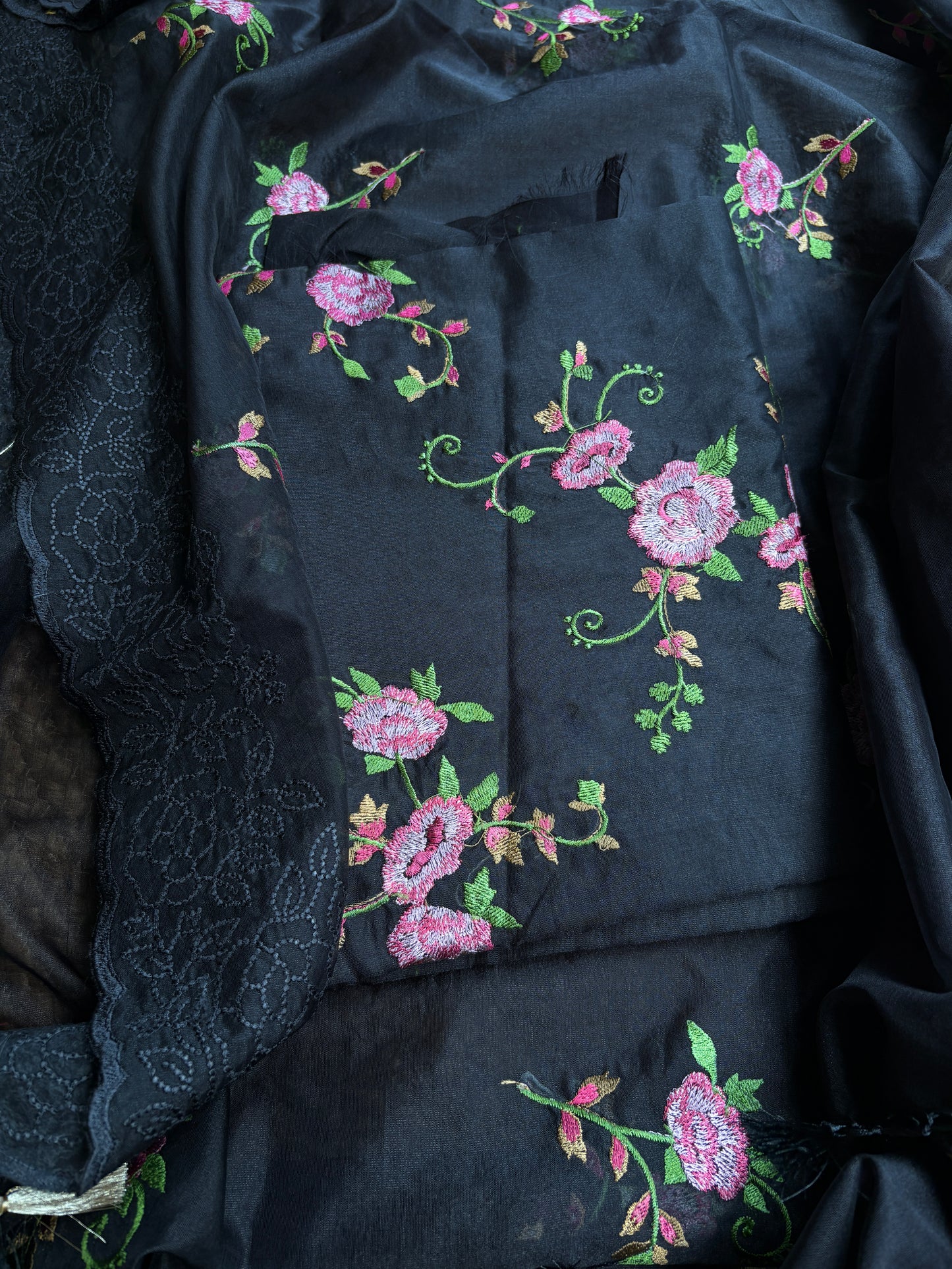 Black organza embroidered suit set