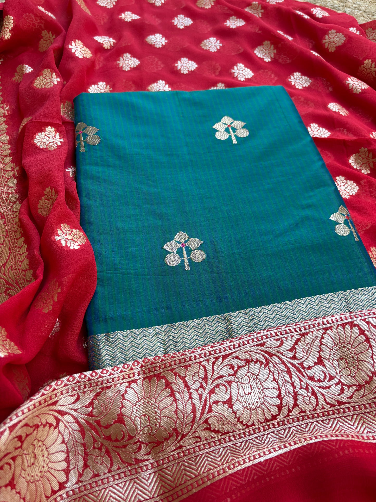 Blue katan by katan silk suit with Khaddi georgette dupatta