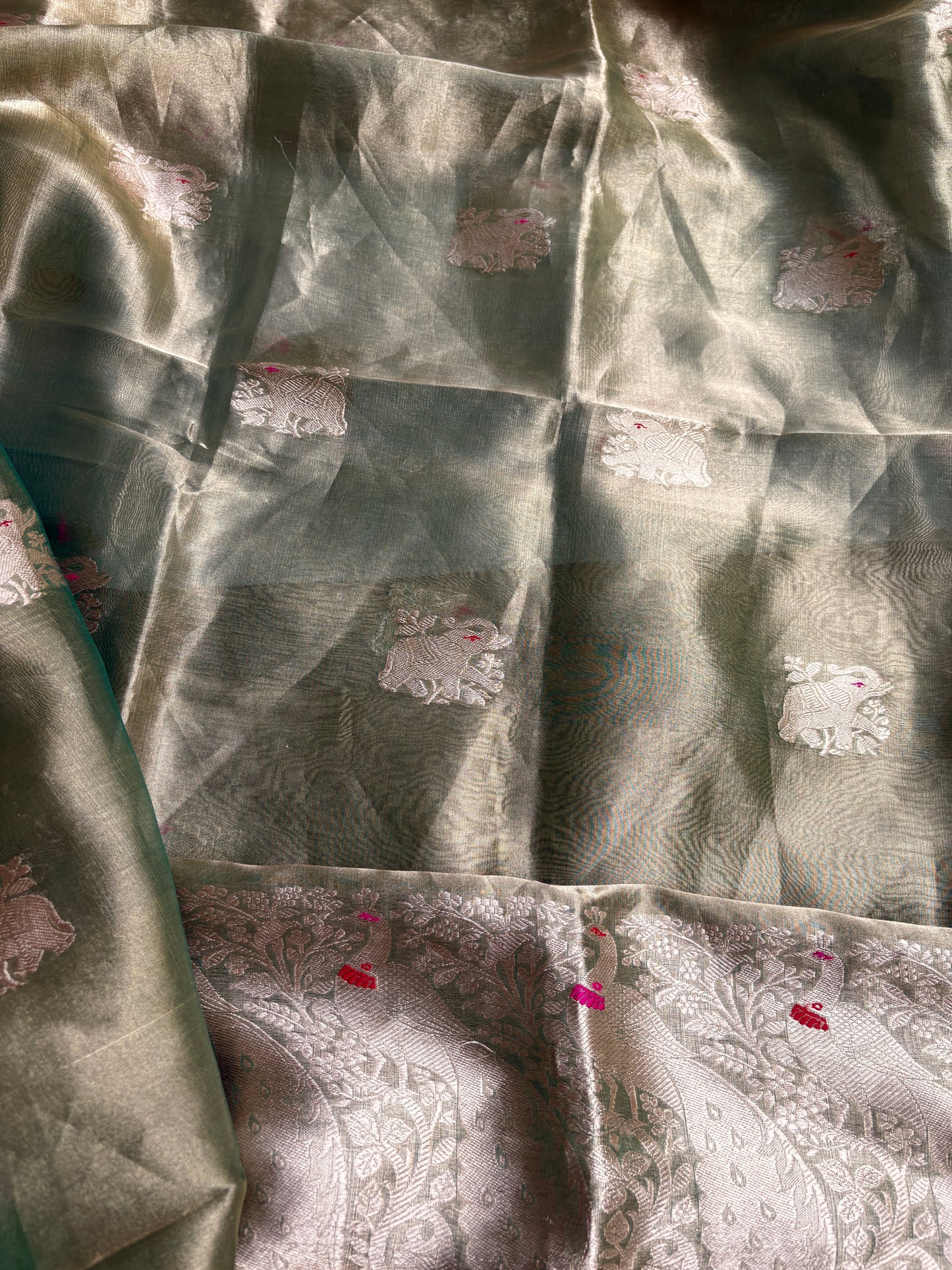 Green pure silk kadhwa kurta, tissue dupatta