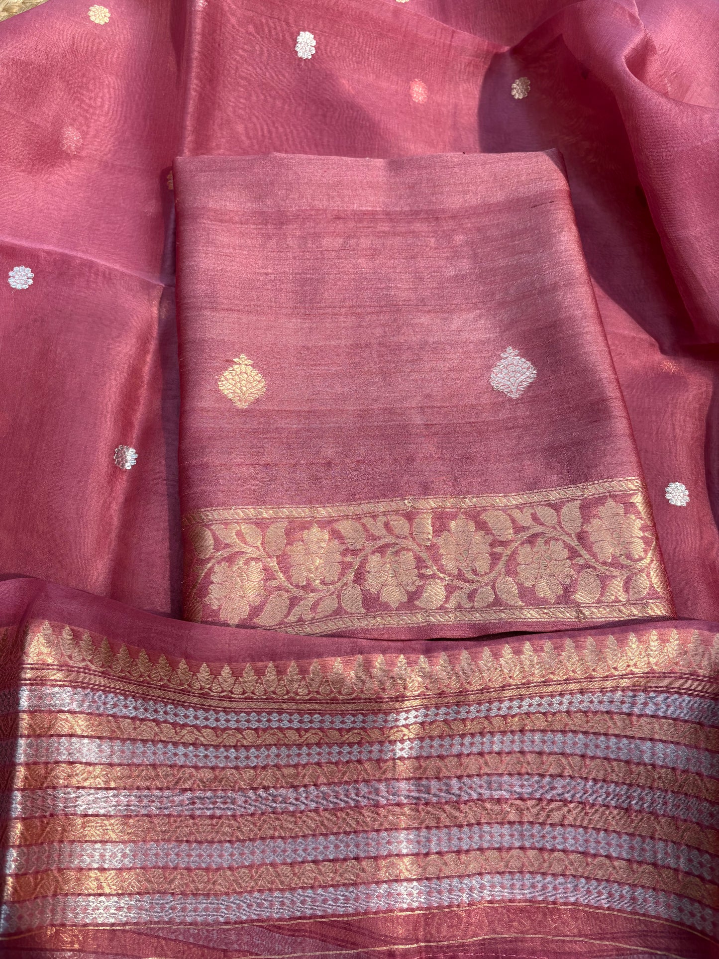 Pink tussar silk kurta, kora silk dupatta, plain silk bottom