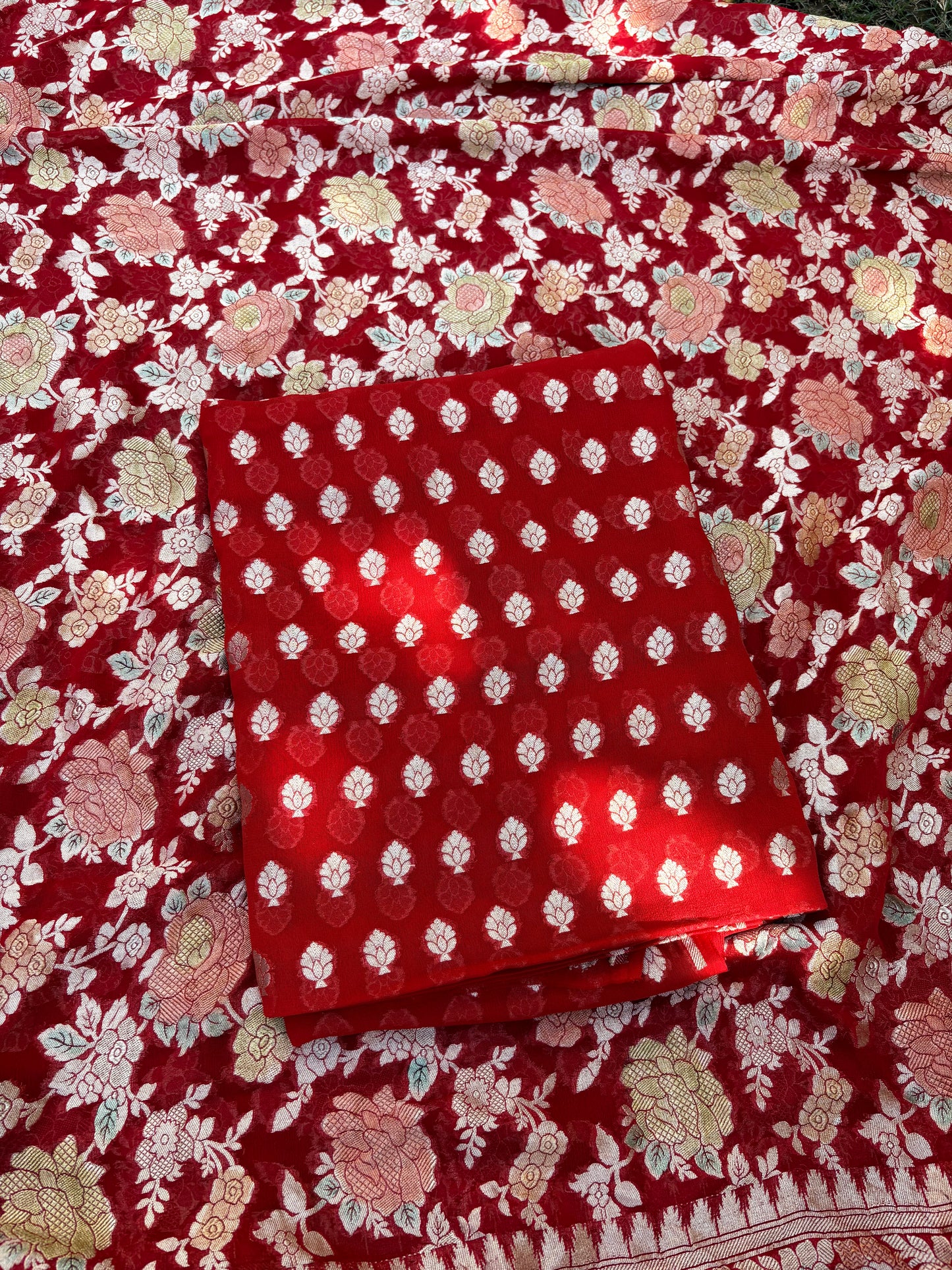 Red Khaddi georgette, hand brushed dupatta, plain bottom