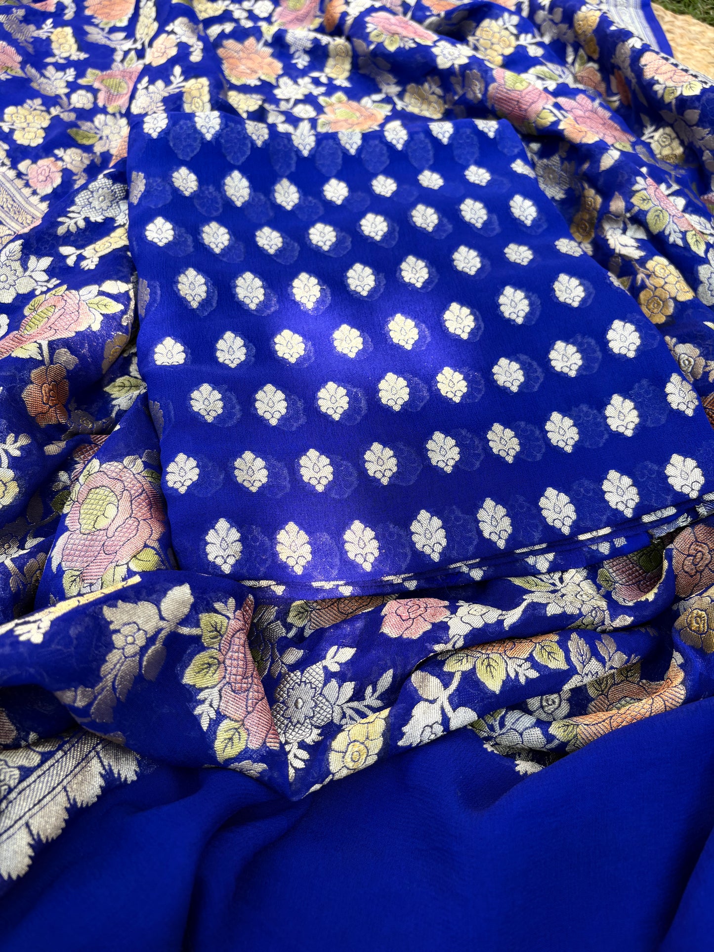 Blue Khaddi georgette kurta, handbrushed dupatta, plain bottom
