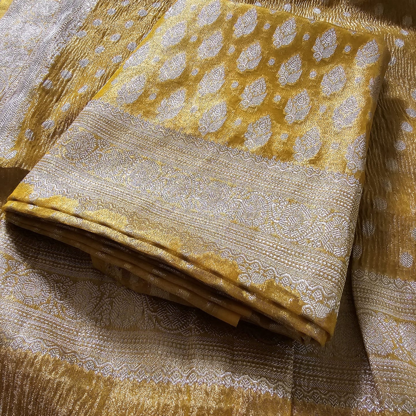 Yellow tissue suit, hand crushed dupatta , plain solid color bottom