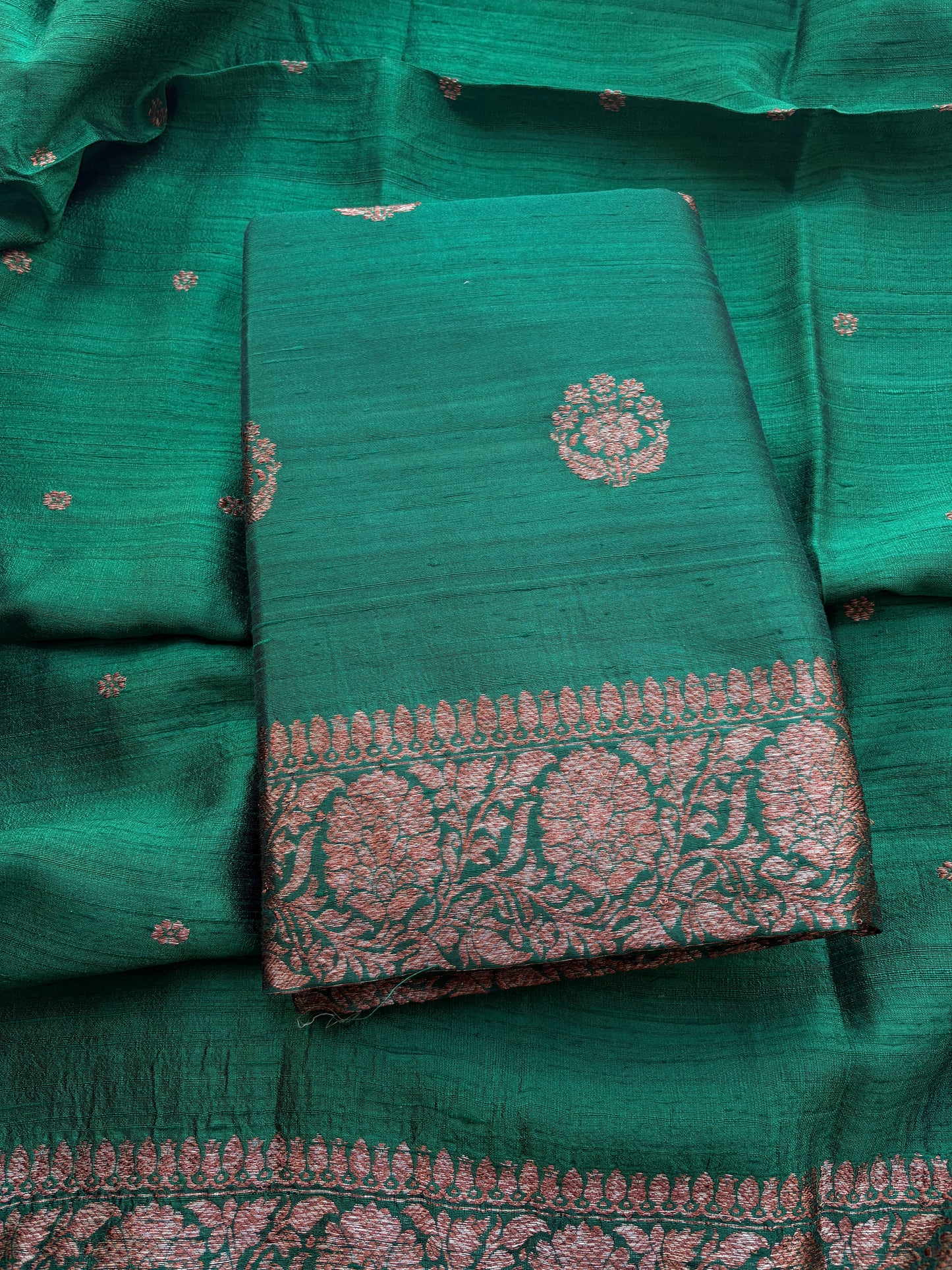 Green raw silk kadhwa suit set, raw silk dupatta