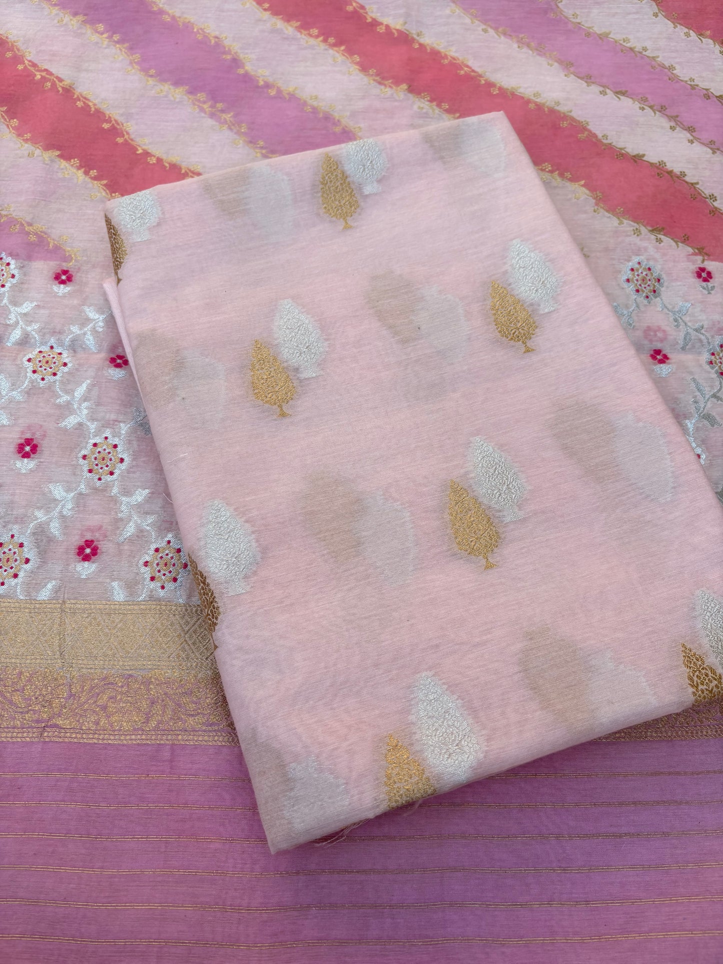 Pink Chanderi kurta, rangkat dupatta , plain bottom