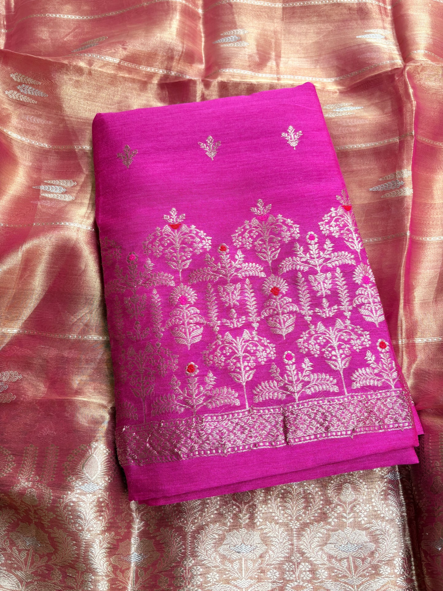 Pink moonga kadhwa suit with tissue kadhwa dupatta