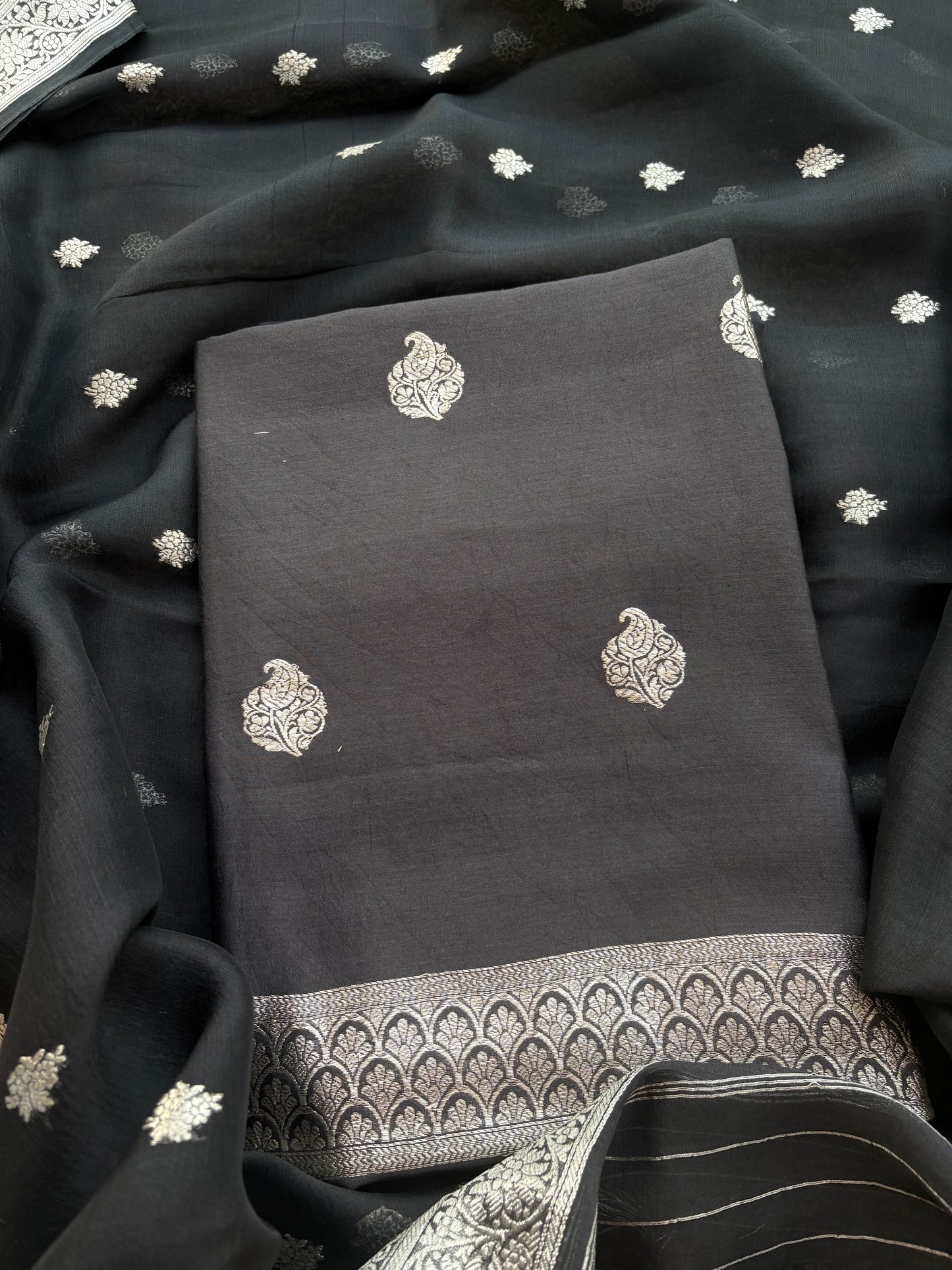 Black Chiniya silk pure silver zari suit set