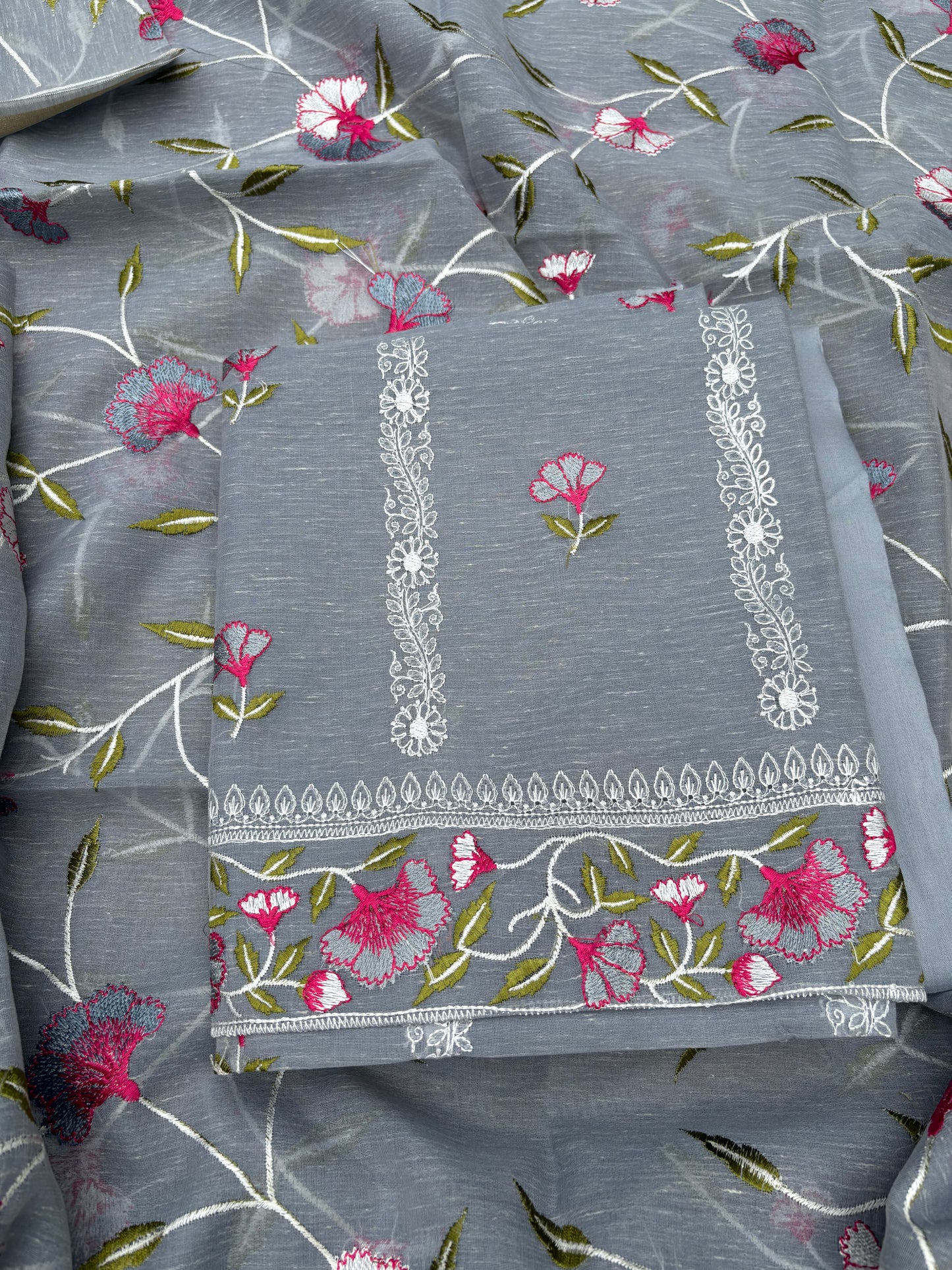 Grey linen cotton embroidered 3 piece suit set