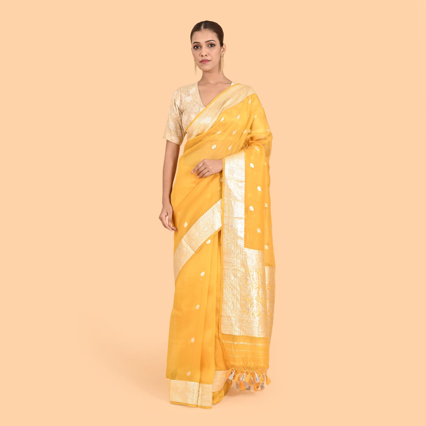 Yellow kora silk silver zari saree