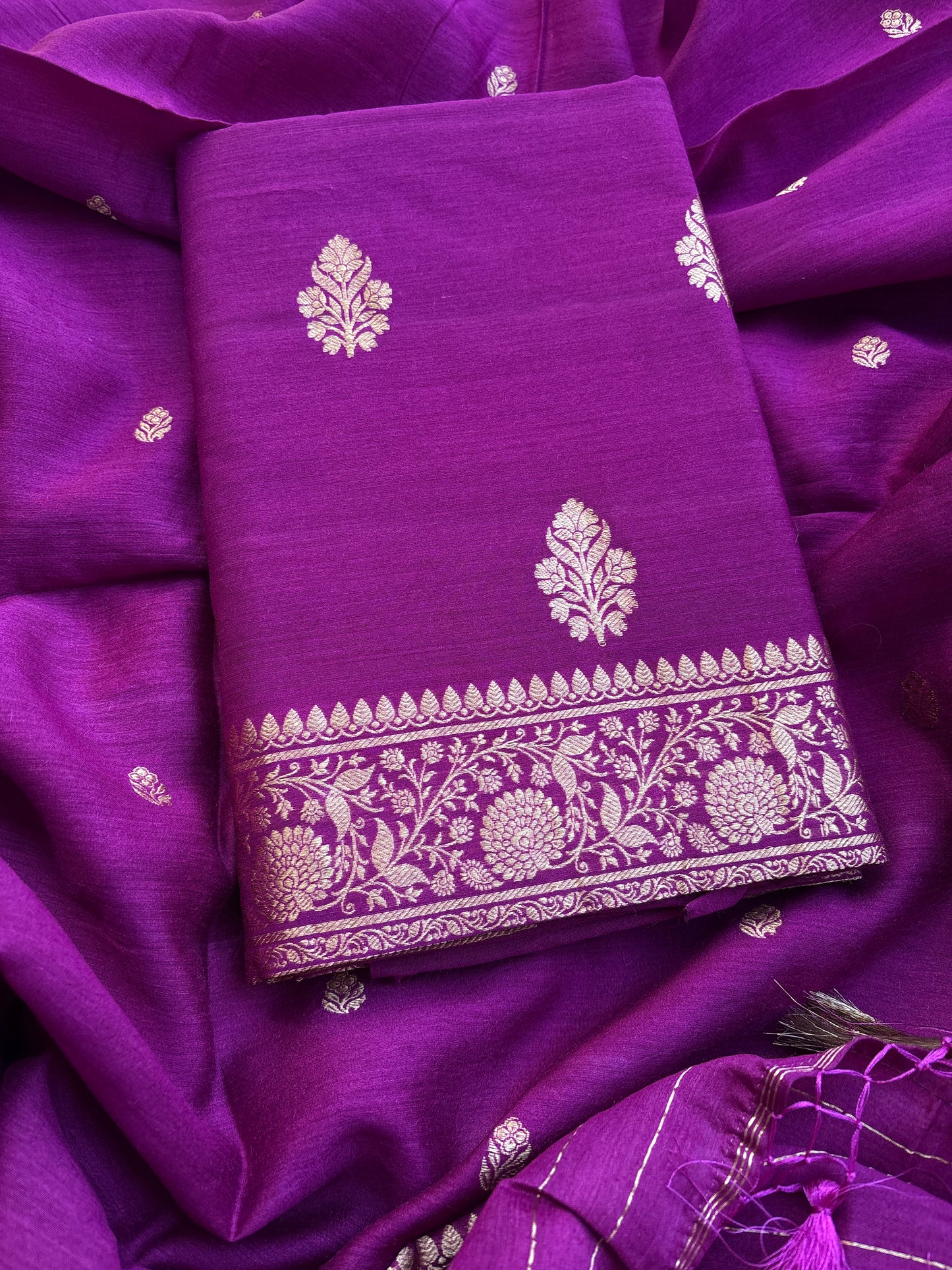 Purple moonga silk kadhwa suit set