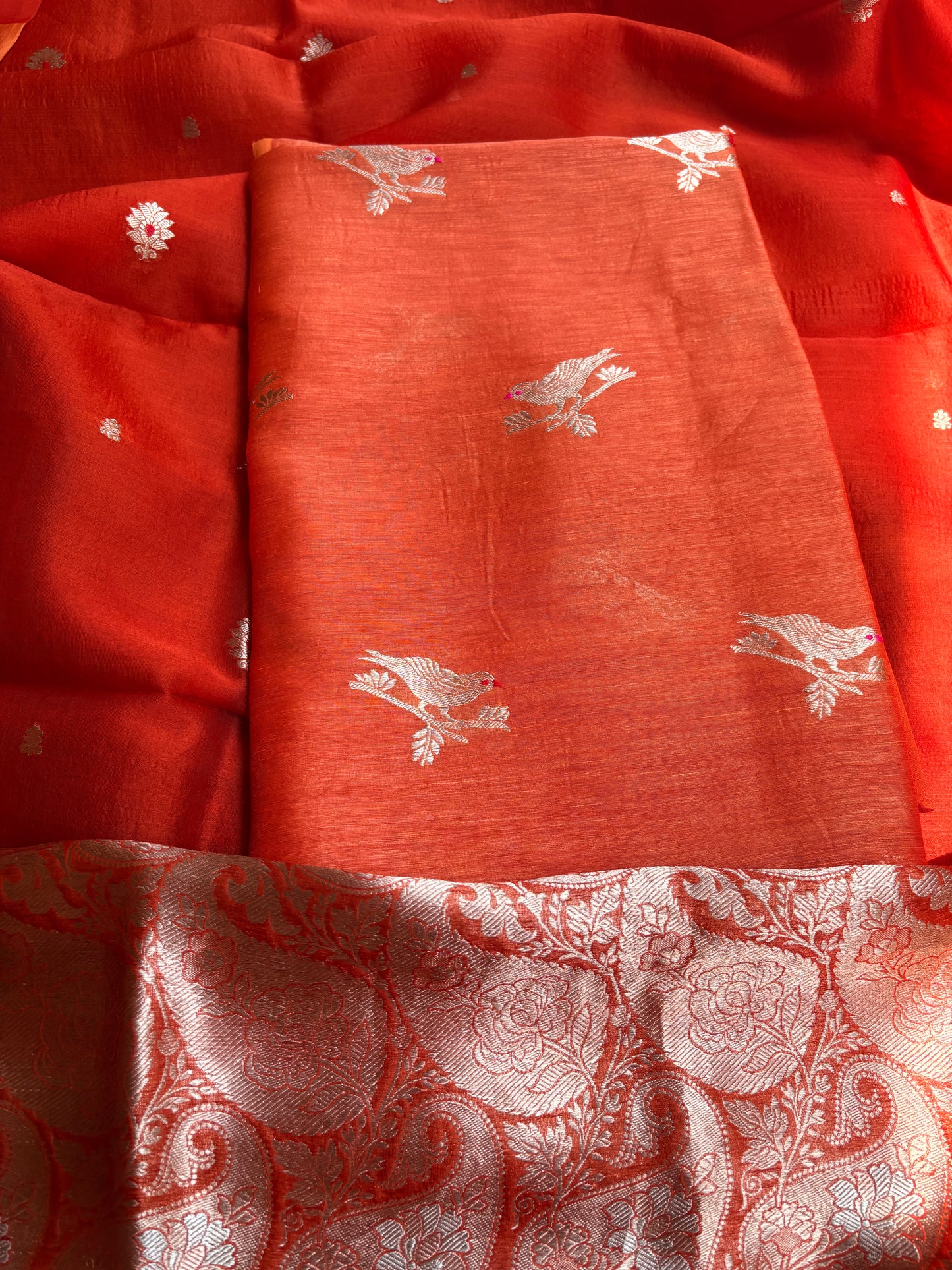 Orange linen silk kurta, bottom , kora silk dupatta
