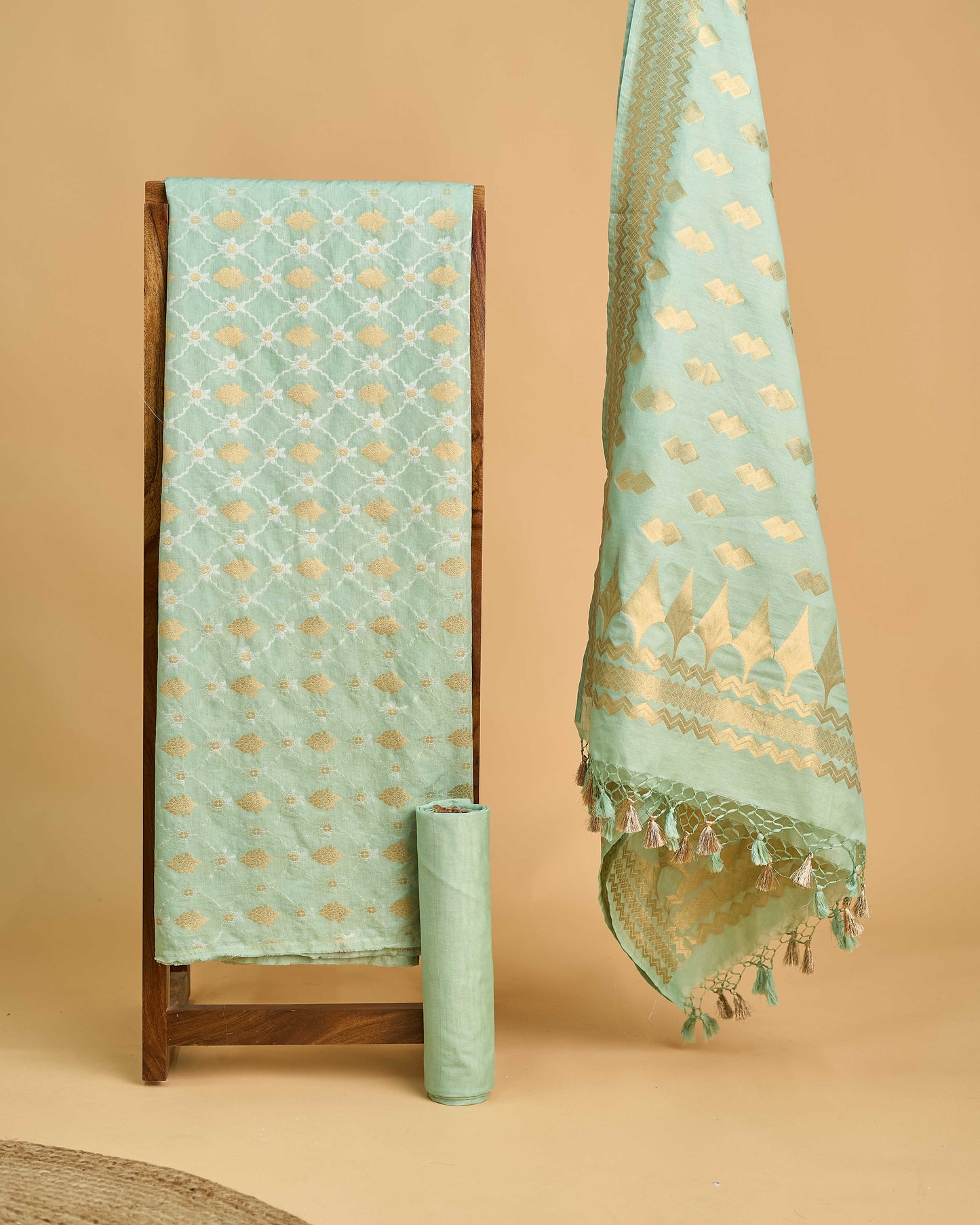 Turq chanderi cotton zari weaving 3 piece suit set