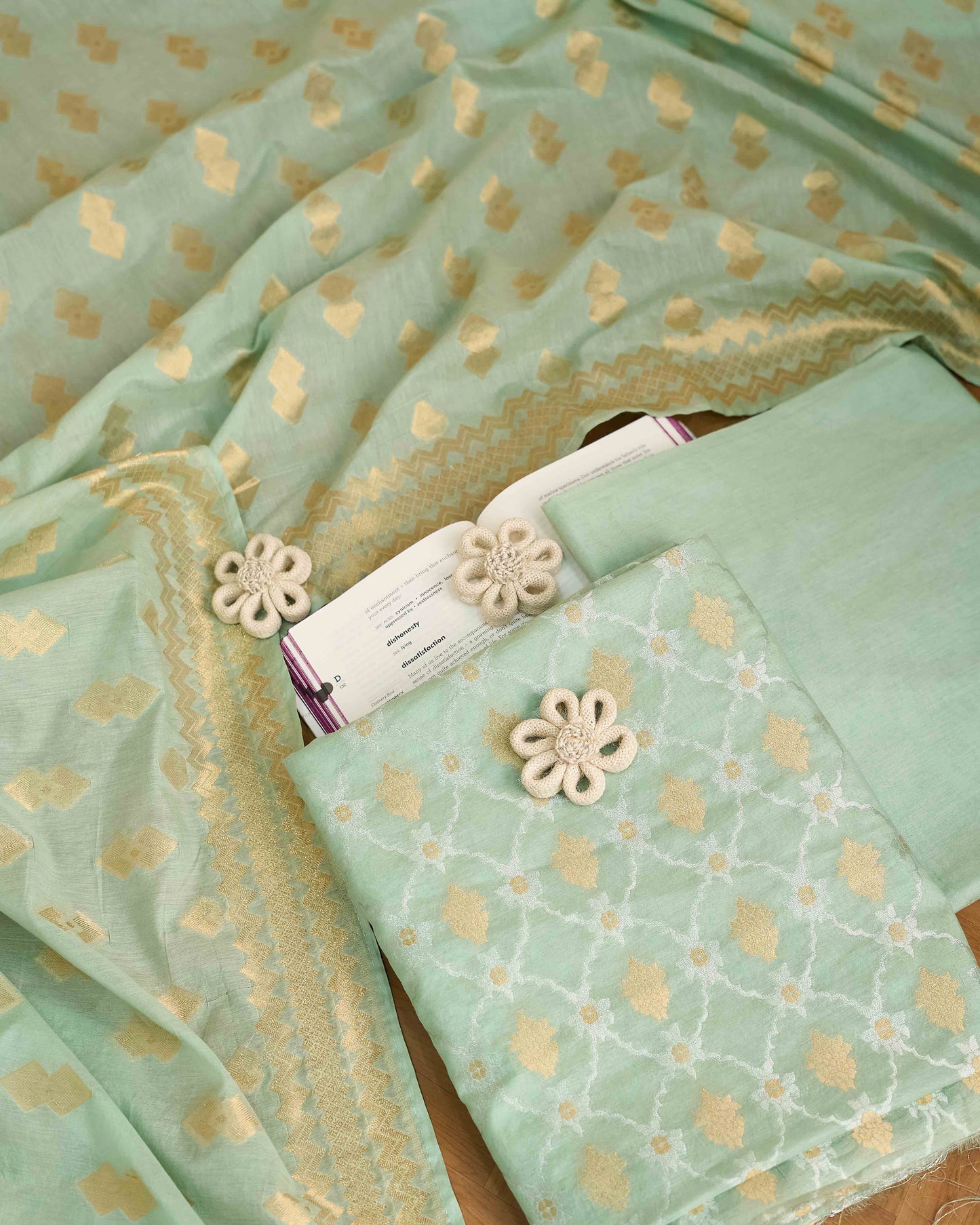 Turq chanderi cotton zari weaving 3 piece suit set