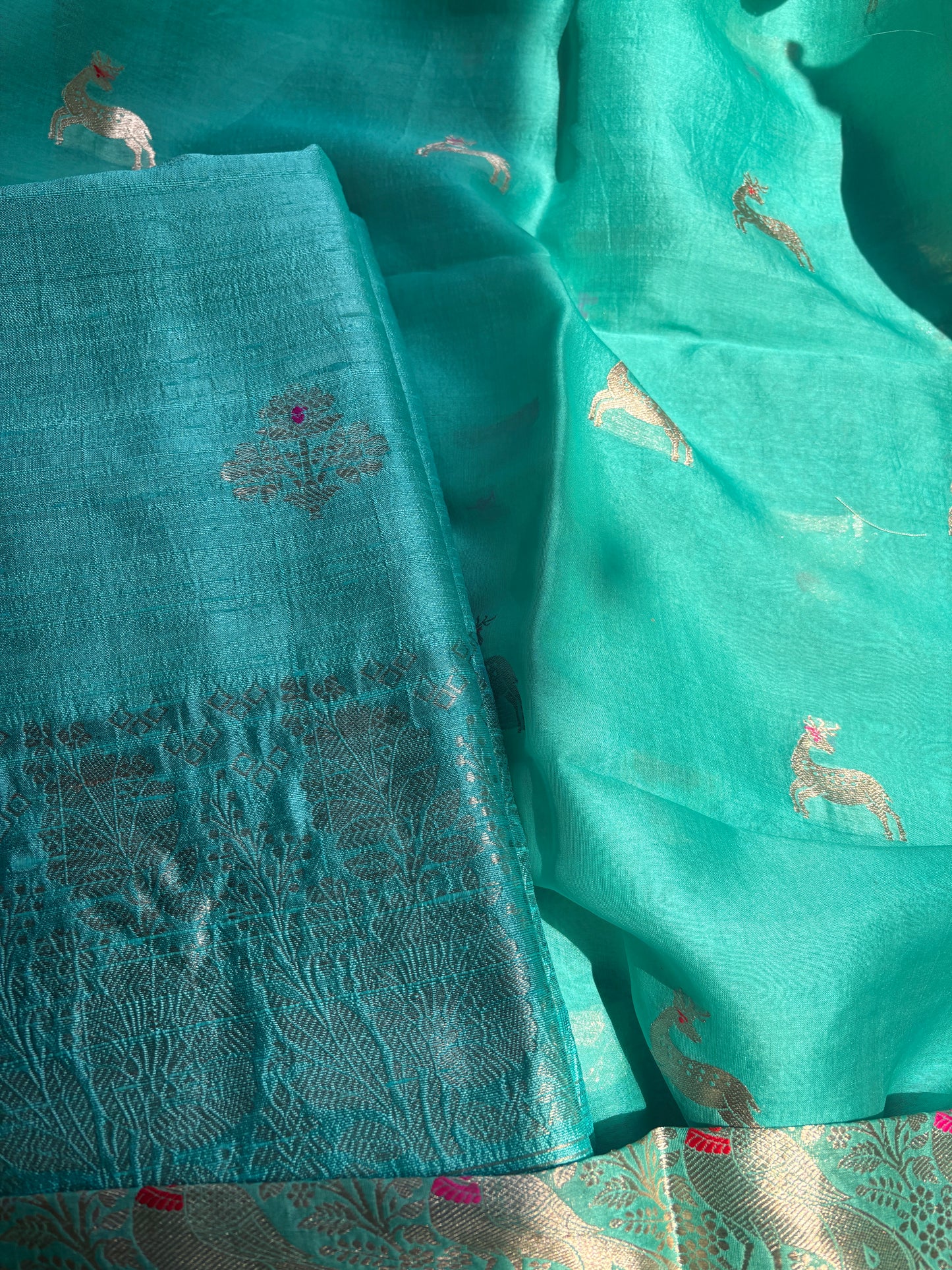 Blue raw silk Kurta, bottom , Kora silk deer motif dupatta