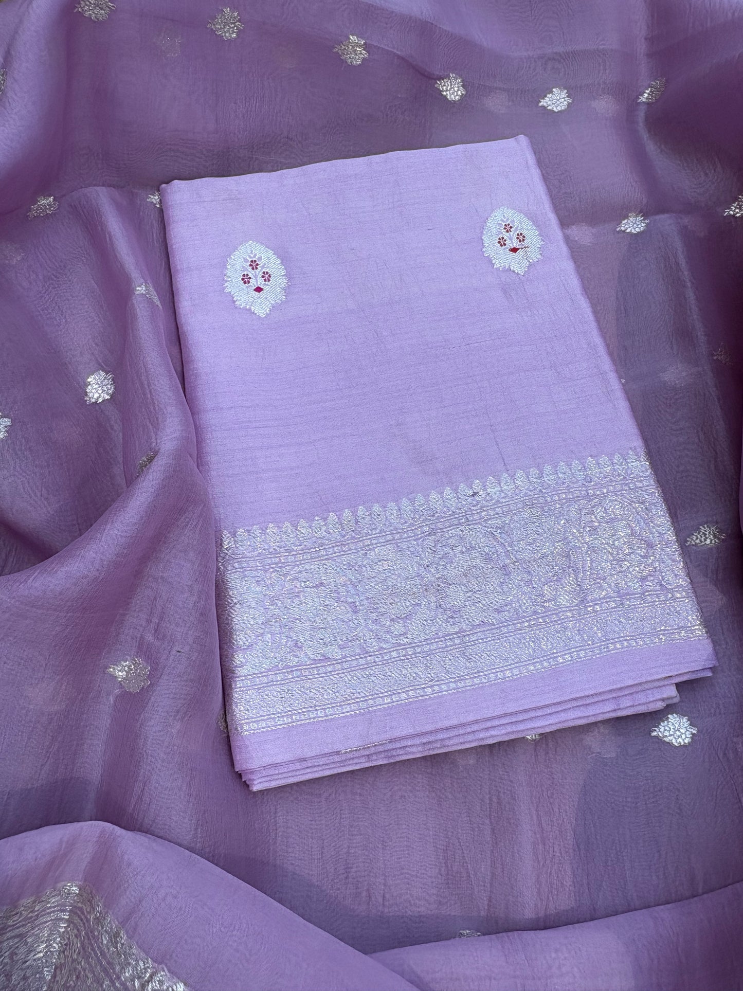 Lavender Chiniya meenadar kurta, kora silk dupatta, plain bottom