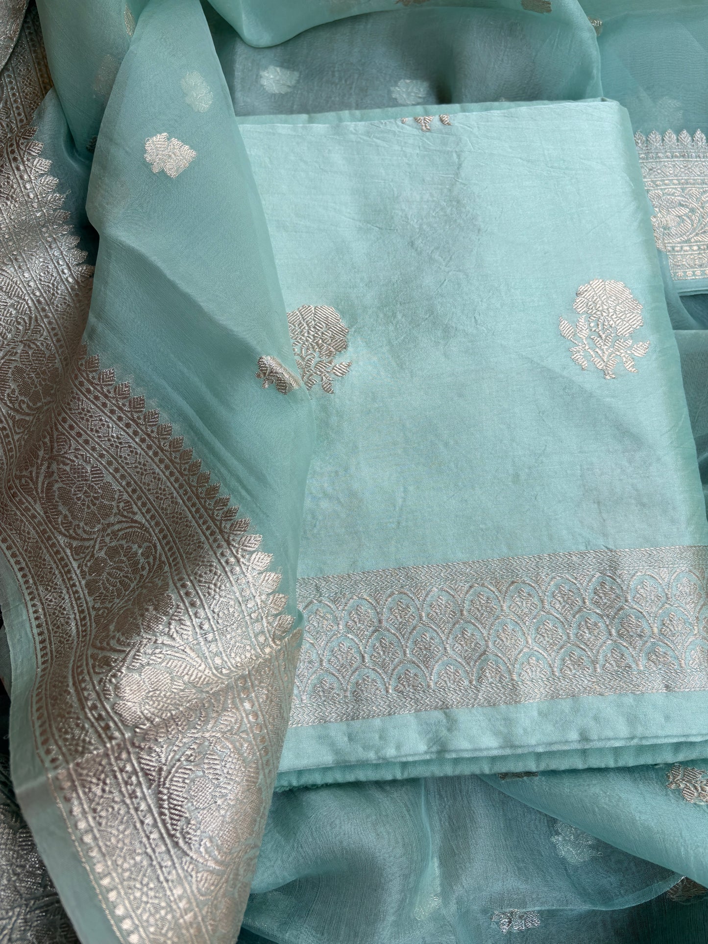 Blue silver zari Chiniya kora suit set