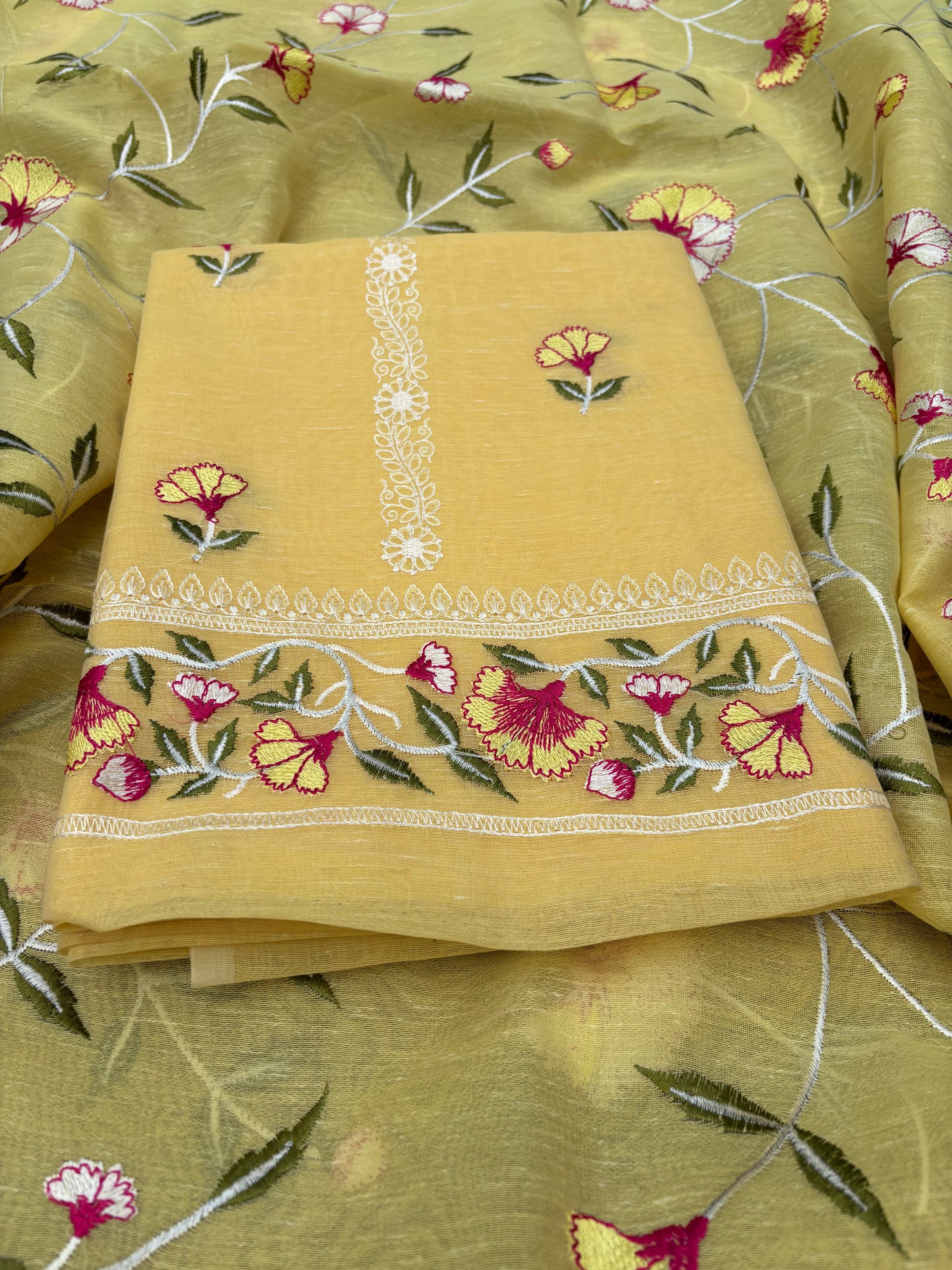 Yellow cotton linen embroidered 3 piece suit set