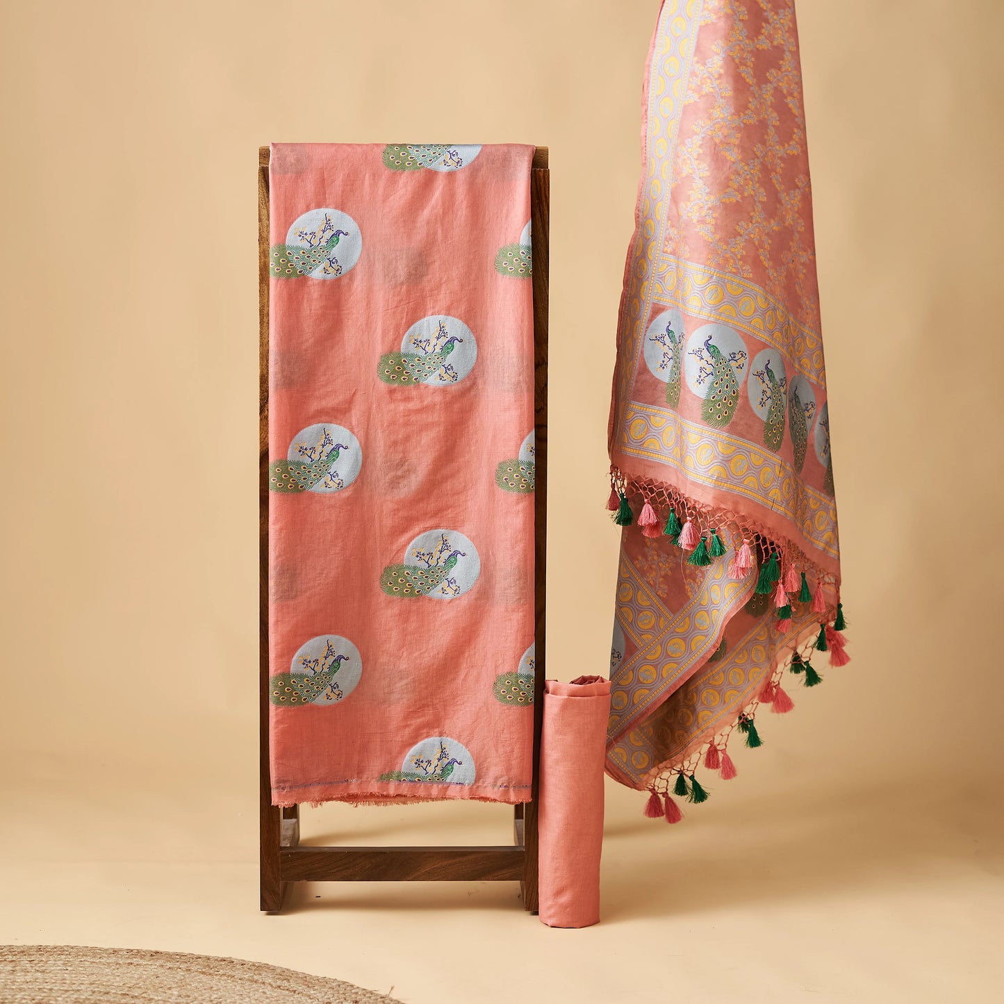 Peach Chanderi meenadar kurta, jaal dupatta , plain bottom