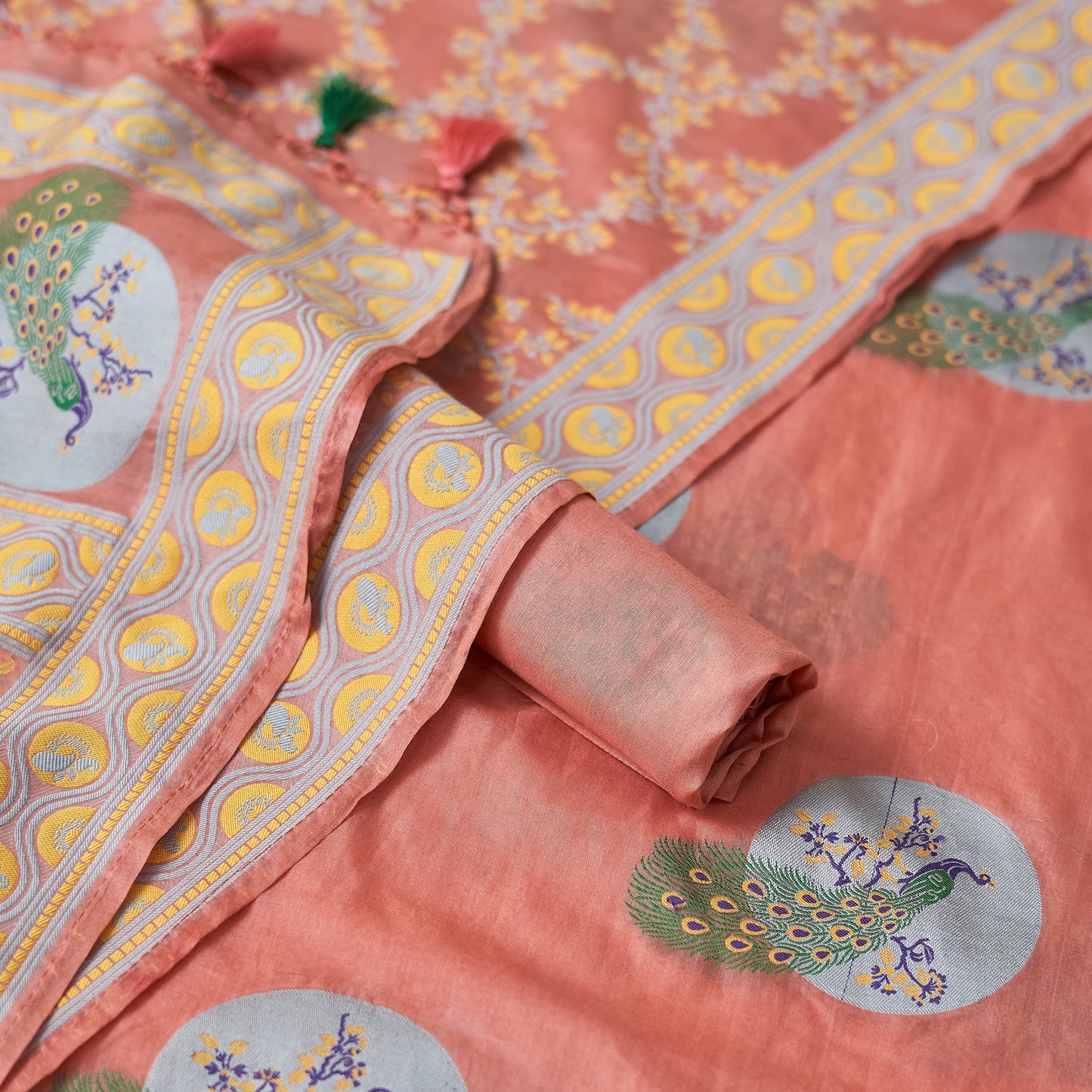 Peach Chanderi meenadar kurta, jaal dupatta , plain bottom