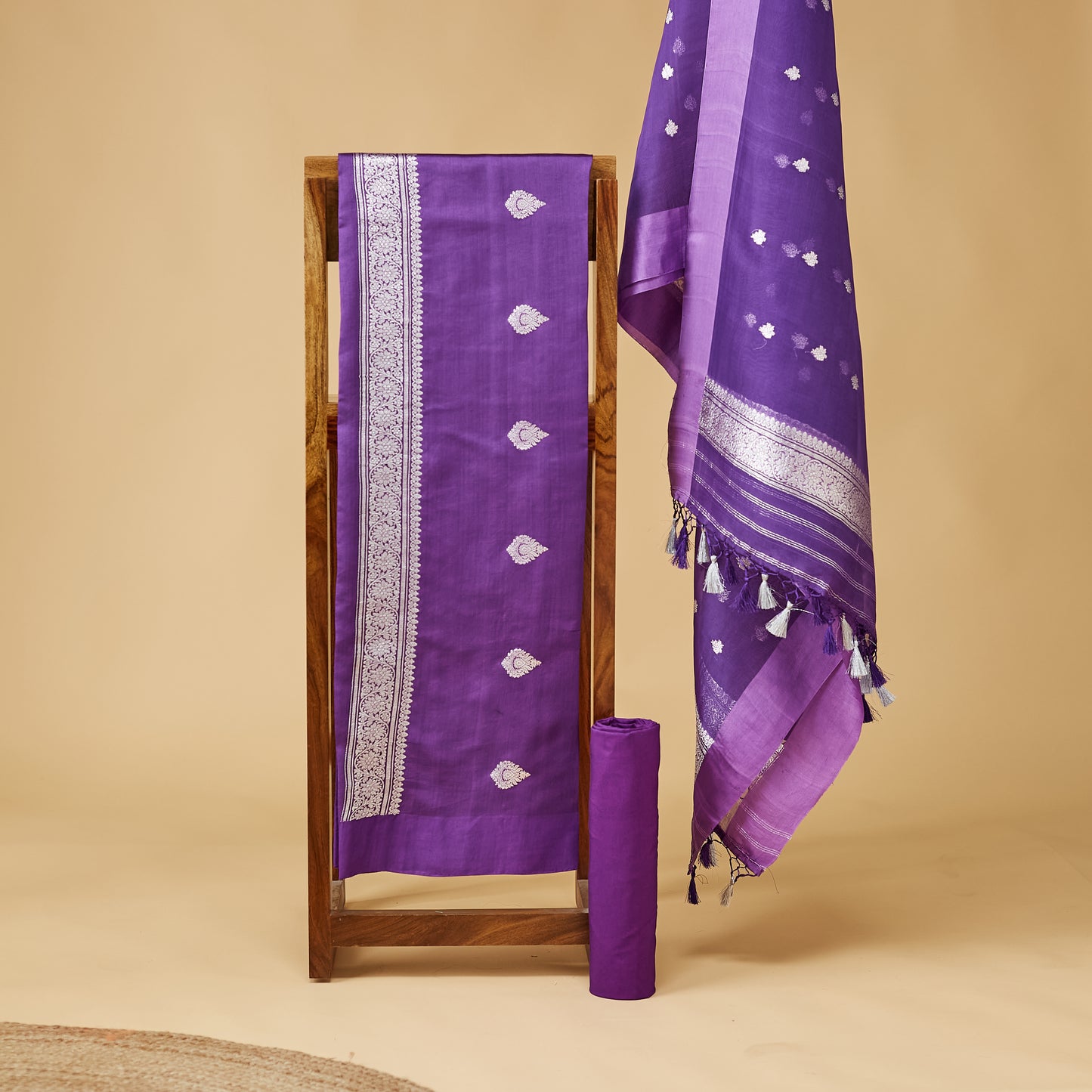 Purple Chiniya silver zari kurta with kora silver zari dupatta, plain bottom