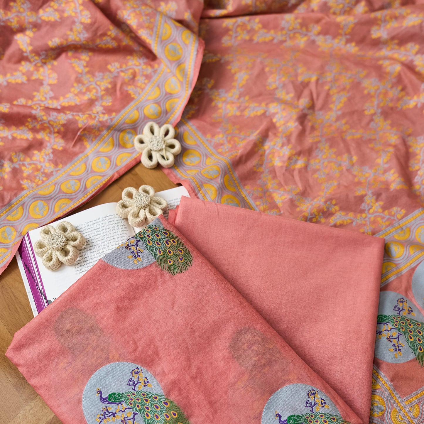 Peach Chanderi meenadar kurta, jaal dupatta , plain bottom