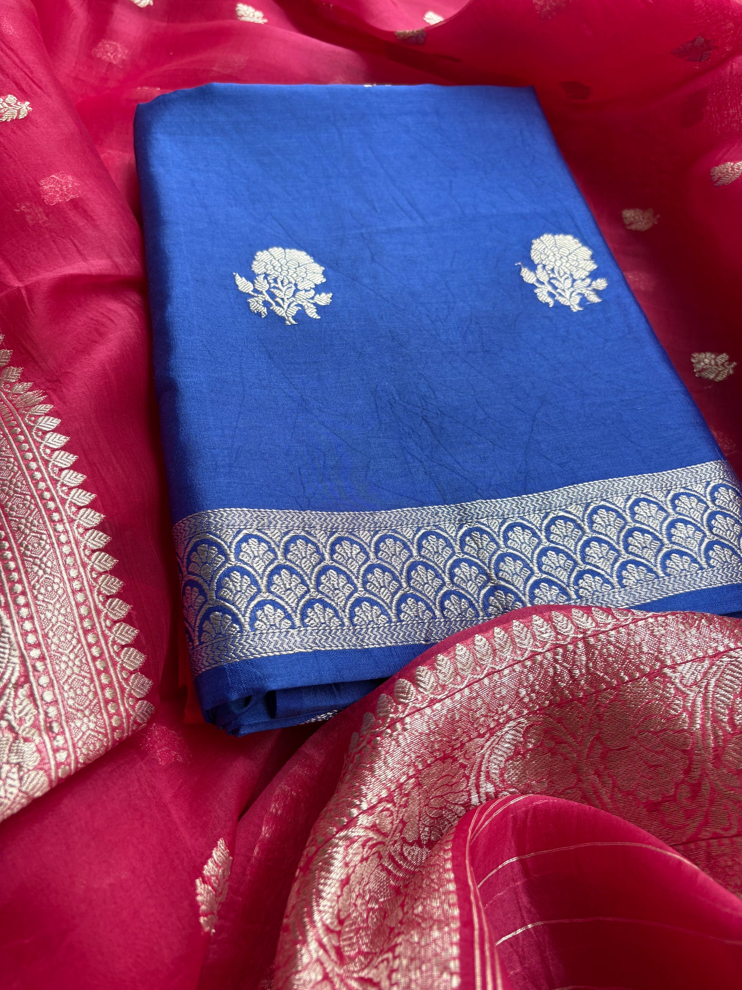 Blue Chiniya silk kurta, pink kora kadhwa dupatta, plain bottom