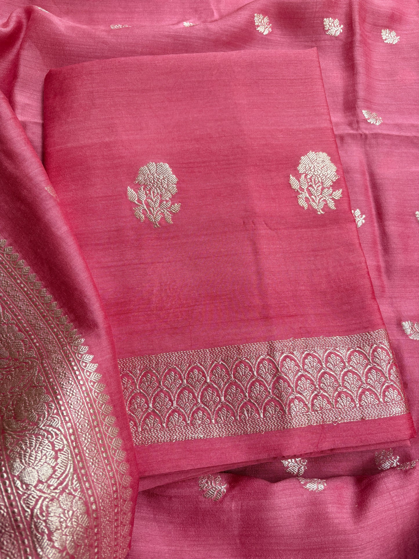 Peach moonga silk silver zari suit set