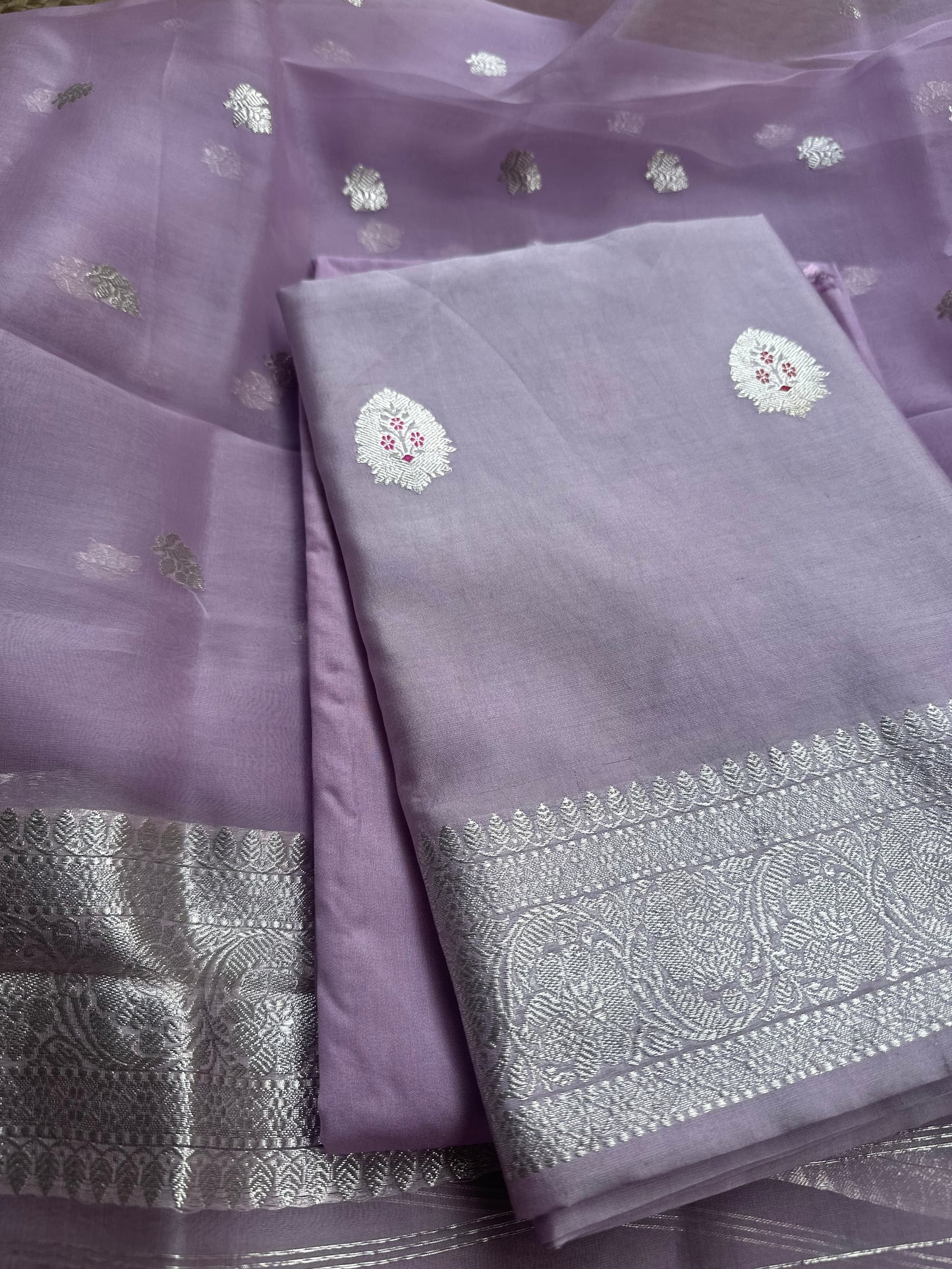 Lavender silver zari chiniya silk kurta, kora silk dupatta, plain bottom