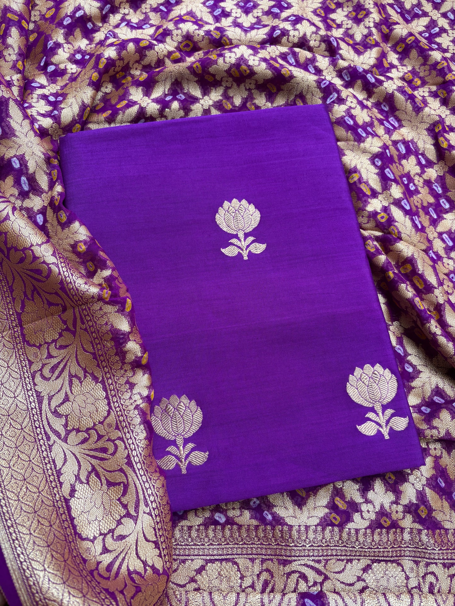 Purple Chiniya kurta , bottom khaadi bandhani dupatta