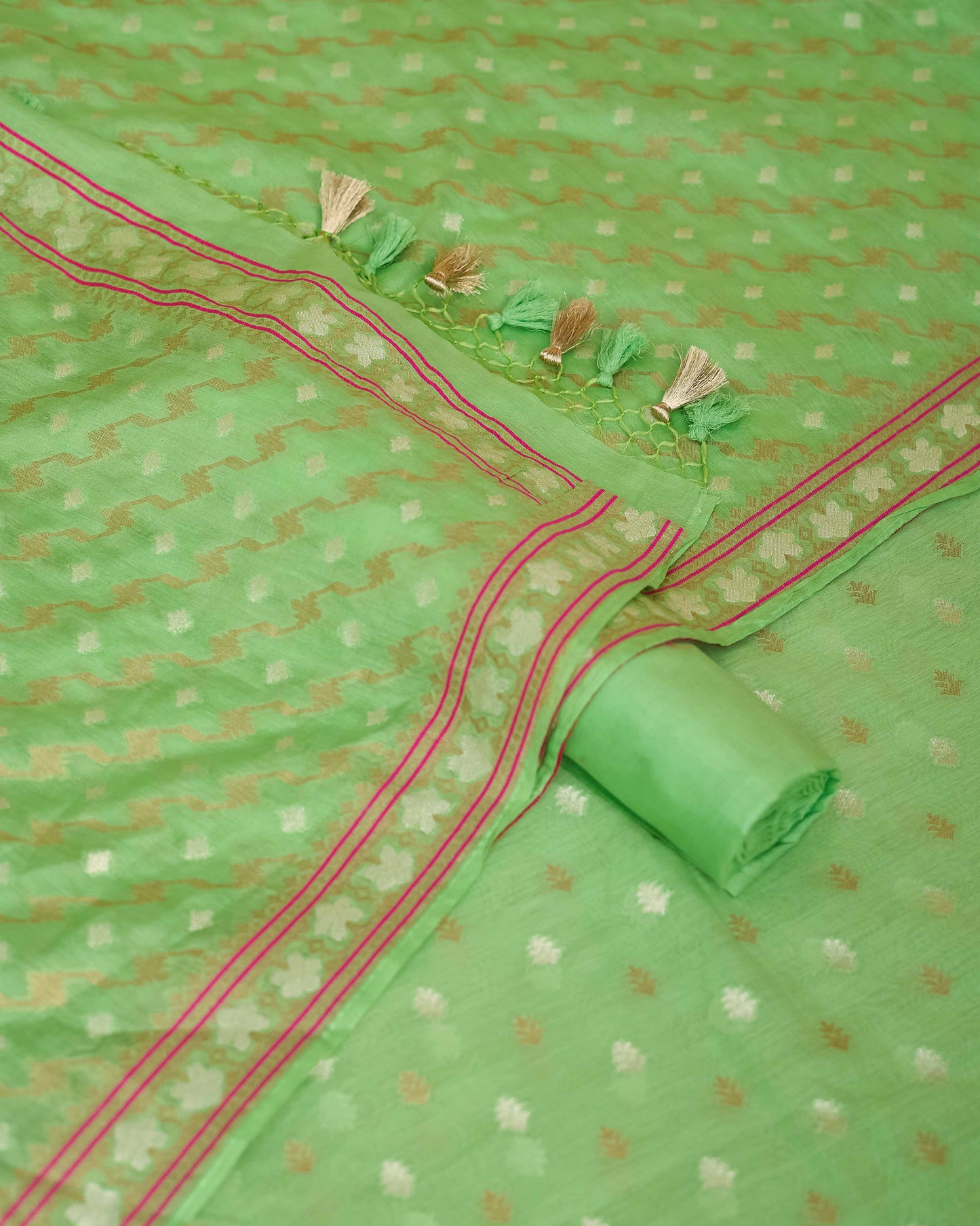 Green jamdani weaving chanderi cotton 3 piece suit