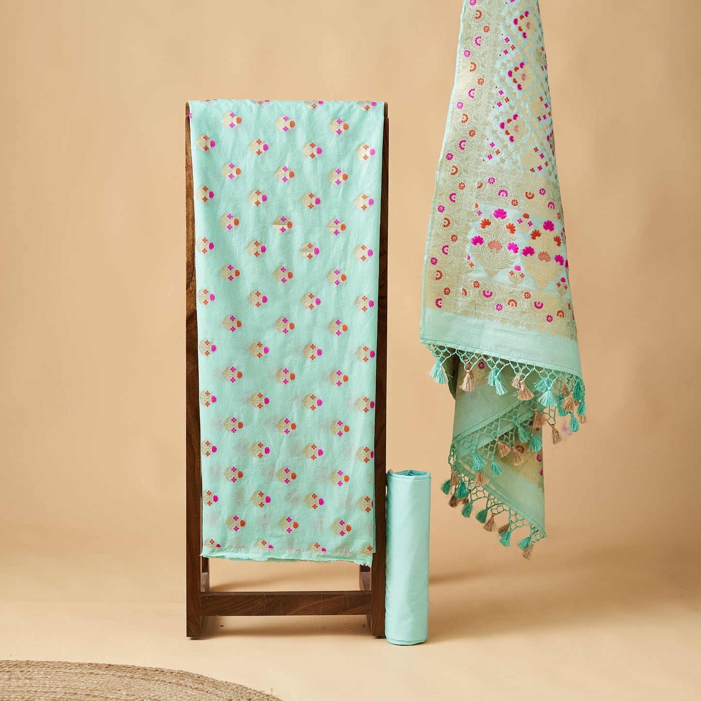 Blue Chanderi full jaal meenakari weaving kurta, full jaal dupatta, plain bottom
