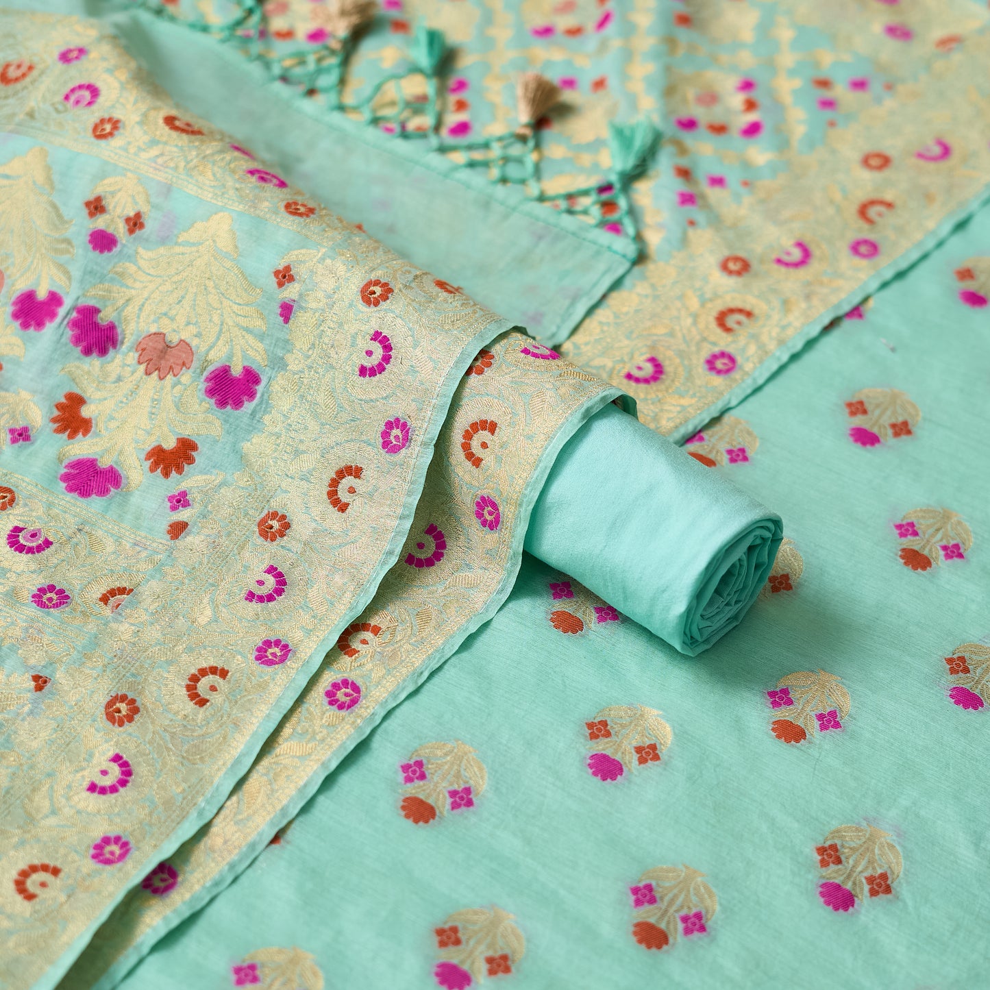 Blue Chanderi full jaal meenakari weaving kurta, full jaal dupatta, plain bottom