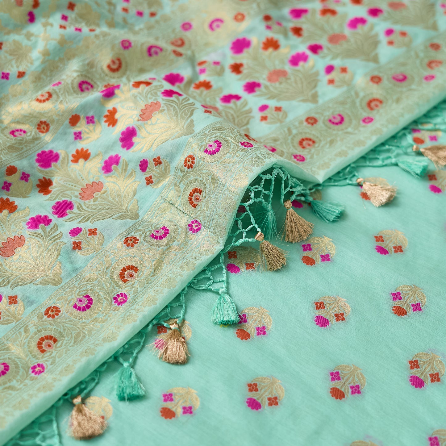 Blue Chanderi full jaal meenakari weaving kurta, full jaal dupatta, plain bottom