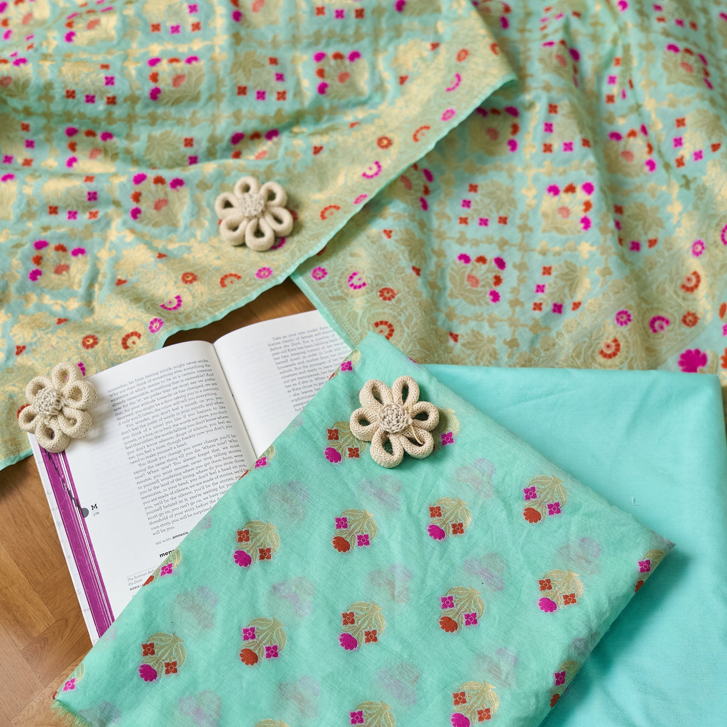 Blue Chanderi full jaal meenakari weaving kurta, full jaal dupatta, plain bottom