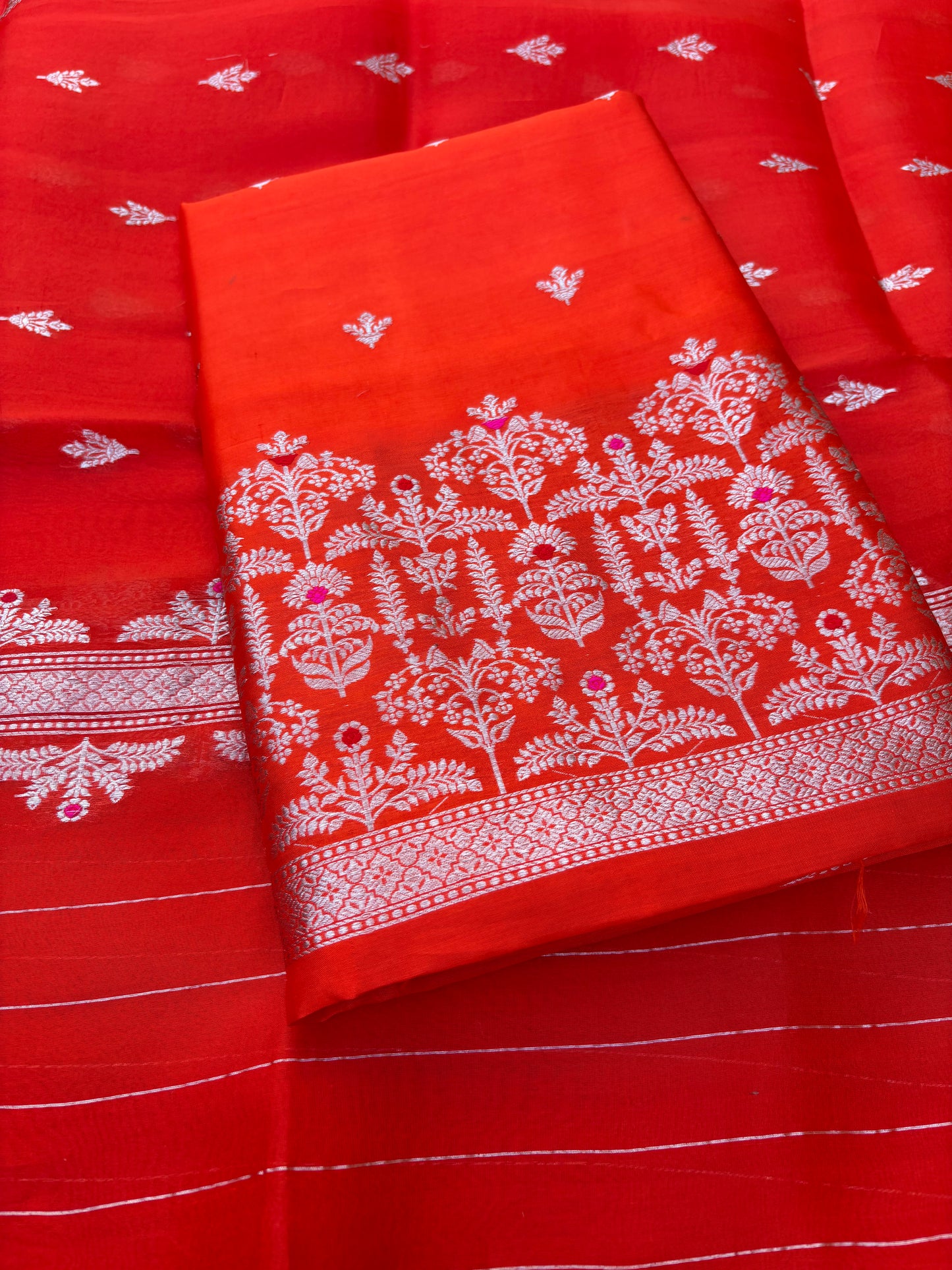 Orange raw mango silk kurta, bottom, kora kadhwa silk dupatta