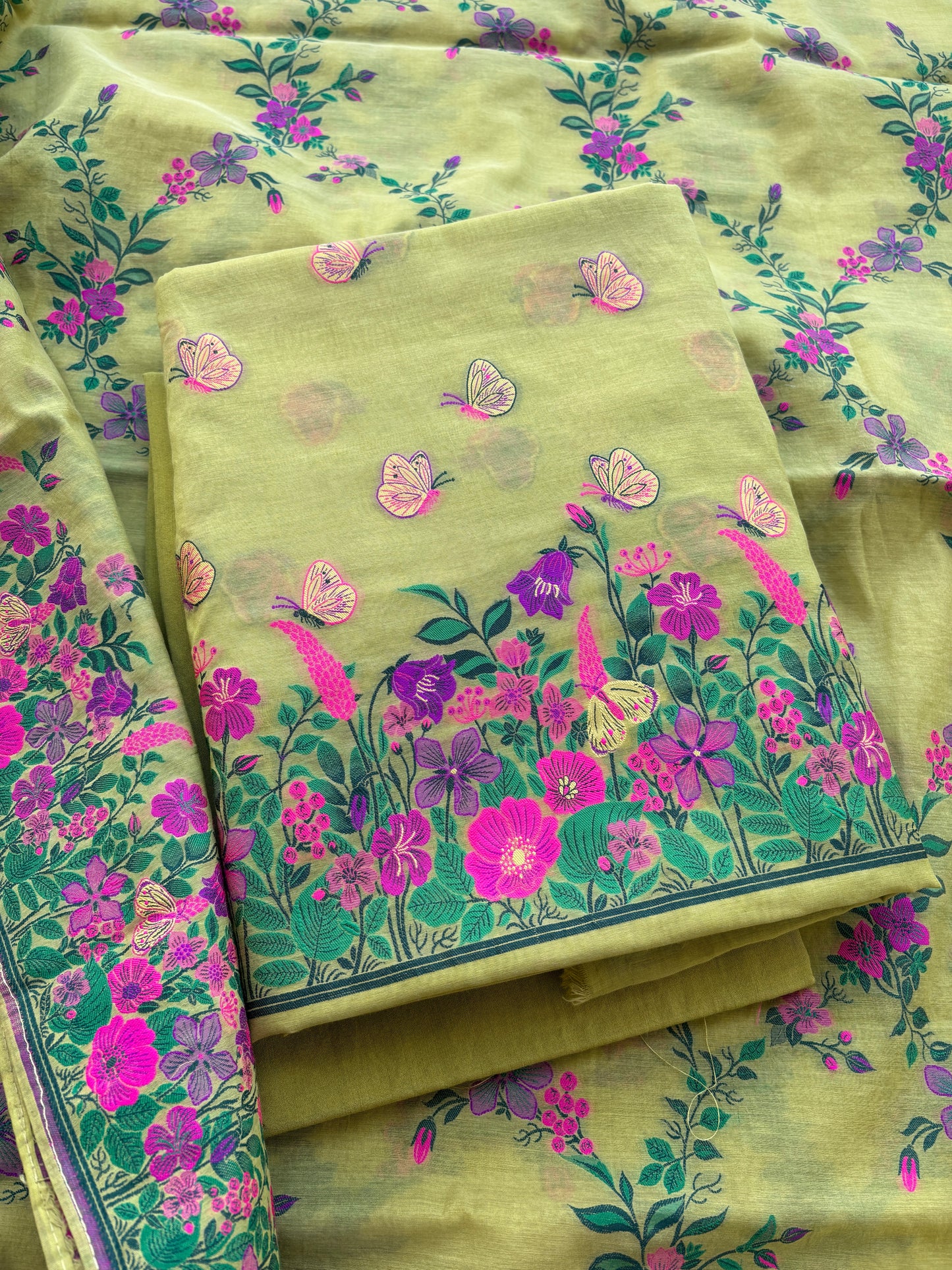 Lime green butterfly design Chanderi suit set