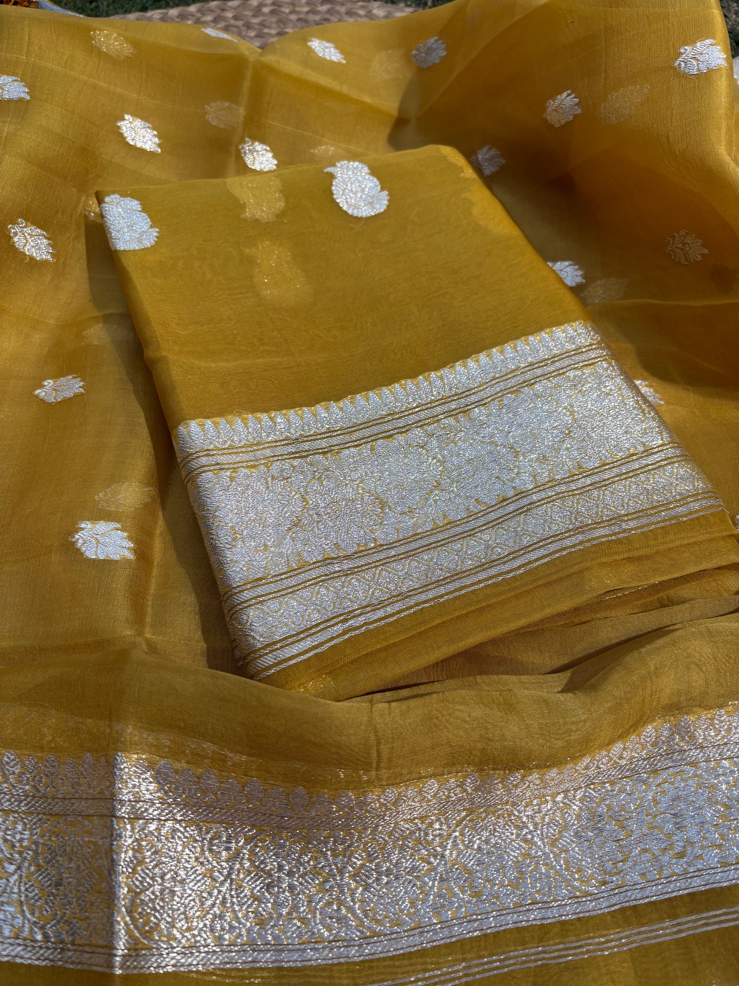 Mustard kora silk kadhwa silver zari 3 piece suit set